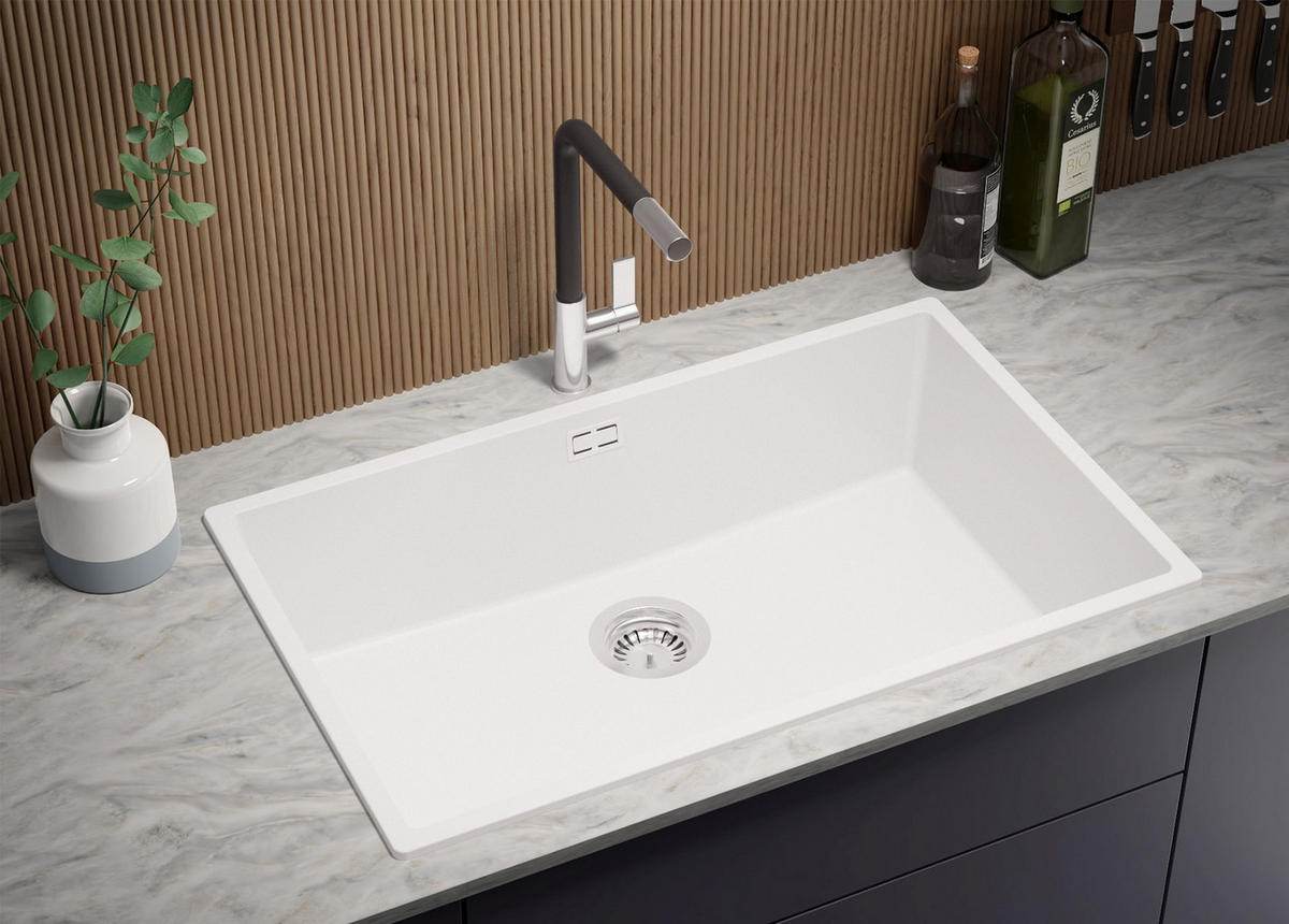 SPÜLBECKEN London Slim, 2-er set Weiß 76/47 cm 1 Becken + Ablauf-Set ab 80er Unterschrank - Chromfarben/Weiß, Kunststoff (76/20/47cm) - Primagran