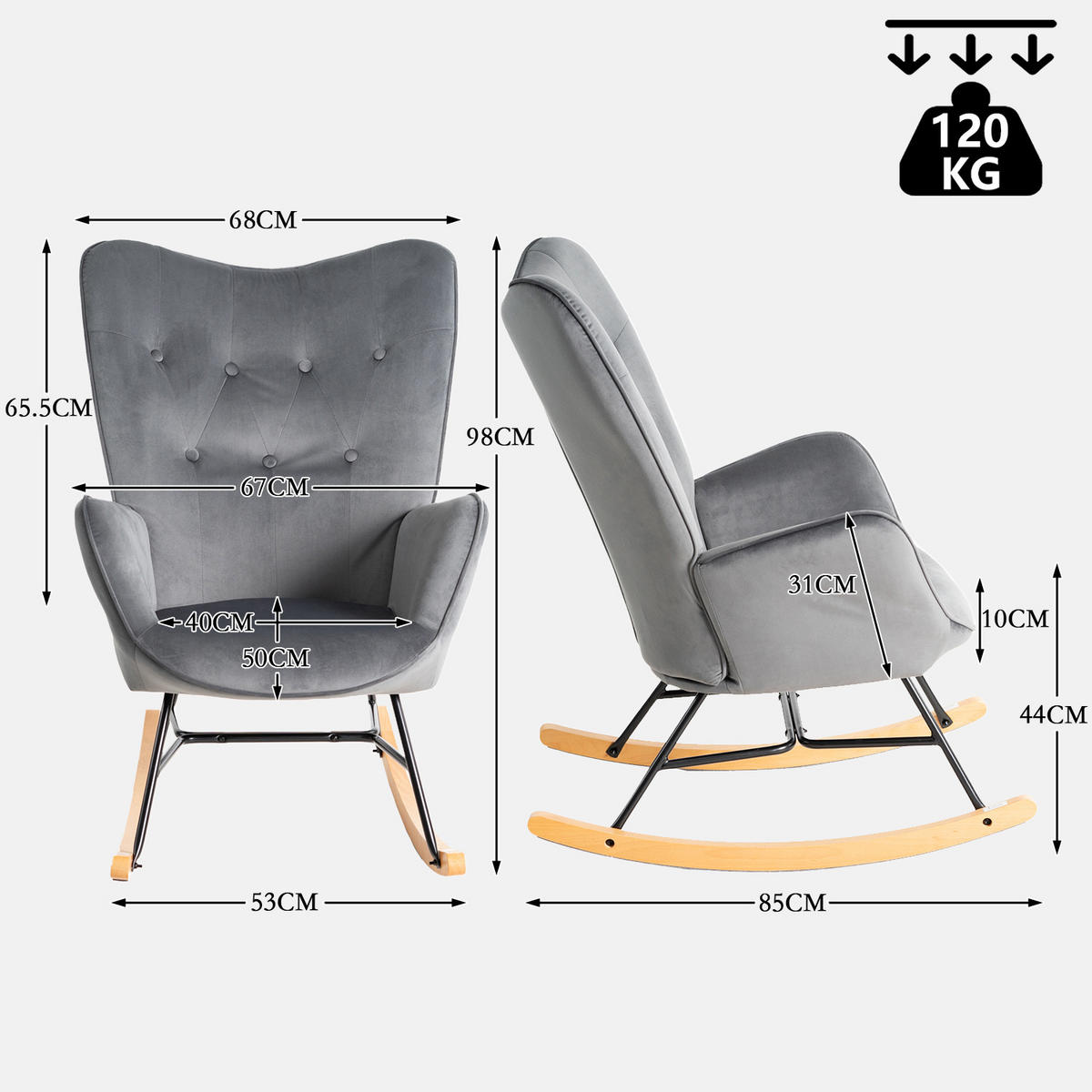 SCHAUKELSTUHL, Samt, Dunkelgrau - Dunkelgrau, Holz/Metall (53/98/85cm) - Meubles Cosy