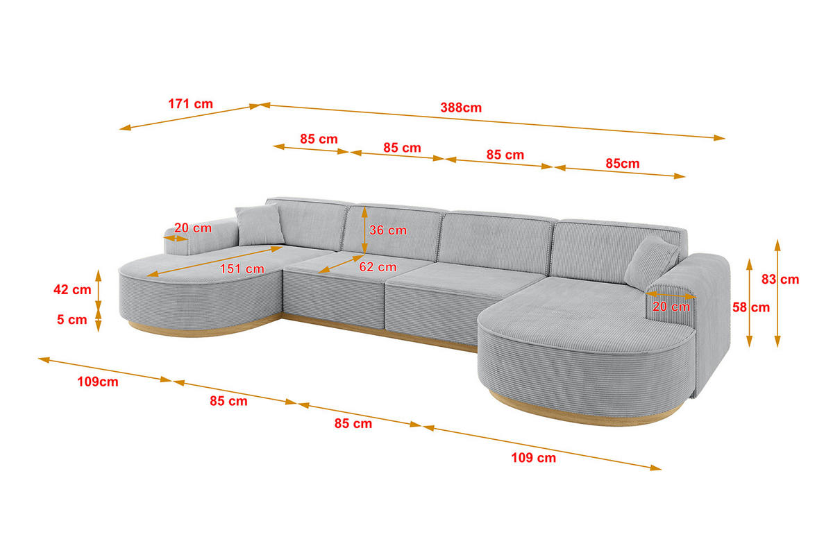 WOHNLANDSCHAFT MARI-U2-v2 - 388x171x83 cm Grau Cord - Grau, Holzwerkstoff/Textil (388/83/171cm) - ALTDECOR
