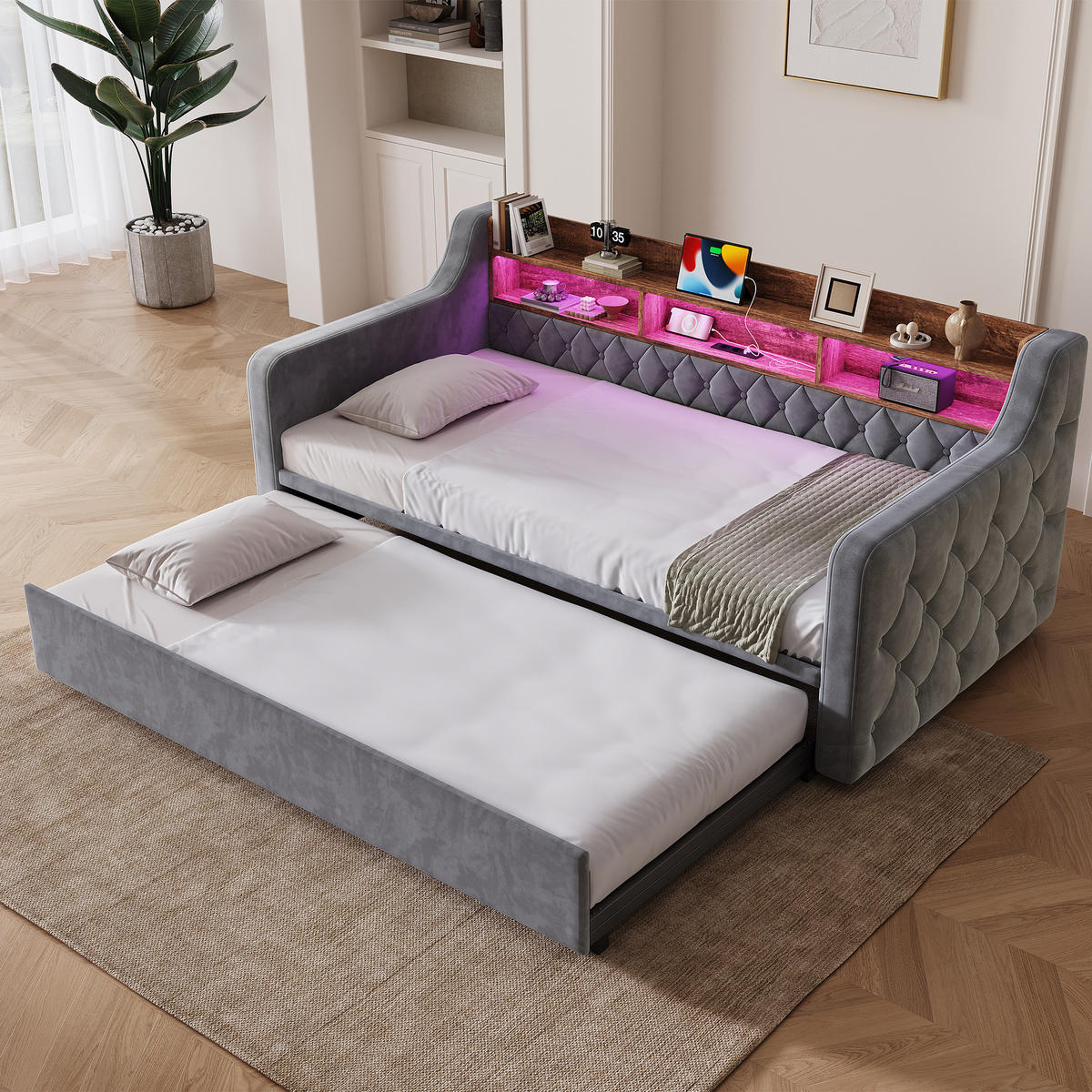 SCHLAFSOFA Dunkelgrau aus Samt mit Ausziehbett, Stauraumkopfteil, LED und USB-Ladeanschlüssen - Dunkelgrau, Textil (107/80/201cm) - Luhomfu