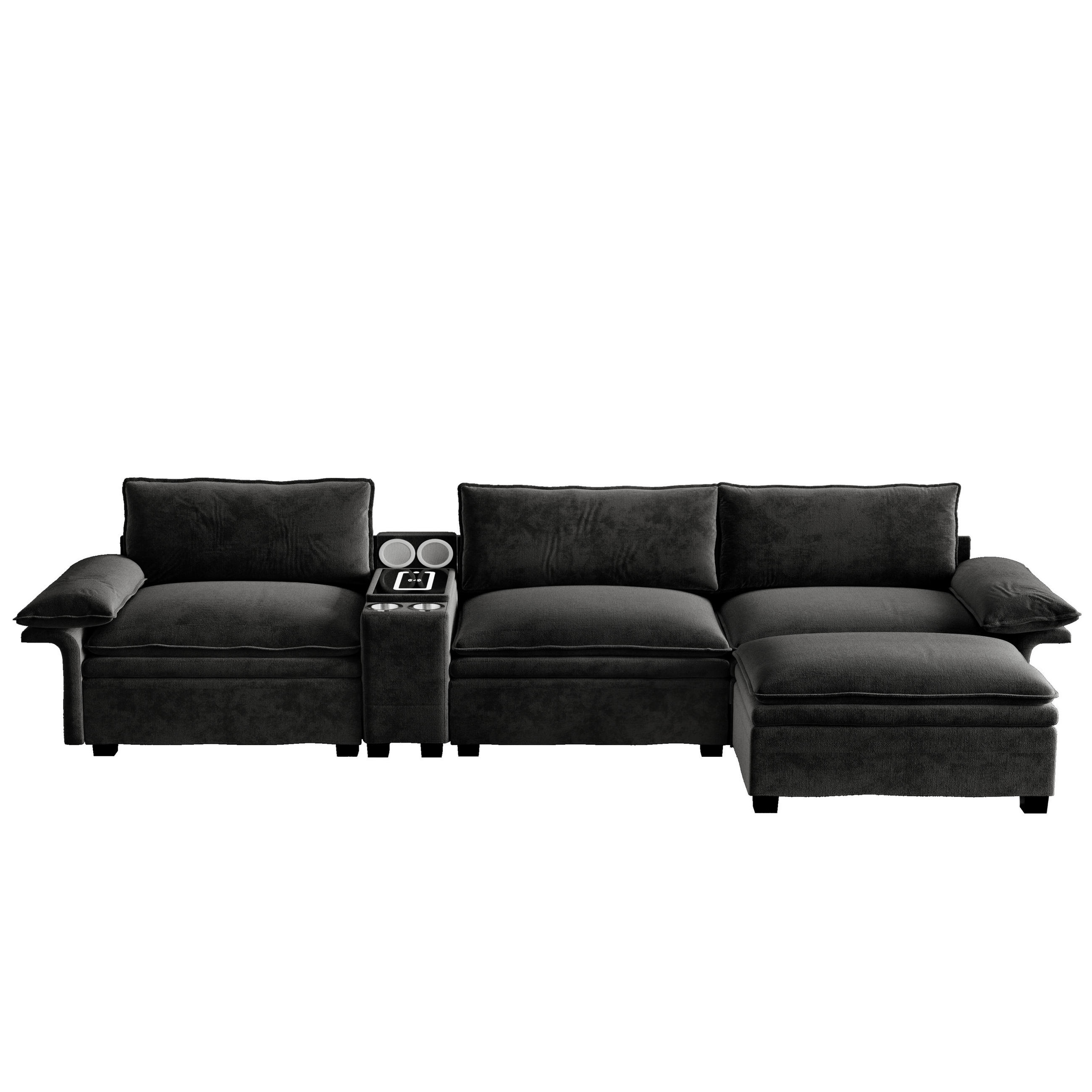ECKSOFA 315/70/85 cm Schwarz mit Fußhocker, kabelloses Laden, Lautsprecher, Licht und 2 Getränkehalter - Schwarz, Textil (315/70cm) - Oxeza