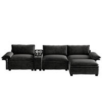 ECKSOFA 315/70/85 cm Schwarz mit Fußhocker, kabelloses Laden, Lautsprecher, Licht und 2 Getränkehalter - Schwarz, Textil (315/70cm) - Oxeza