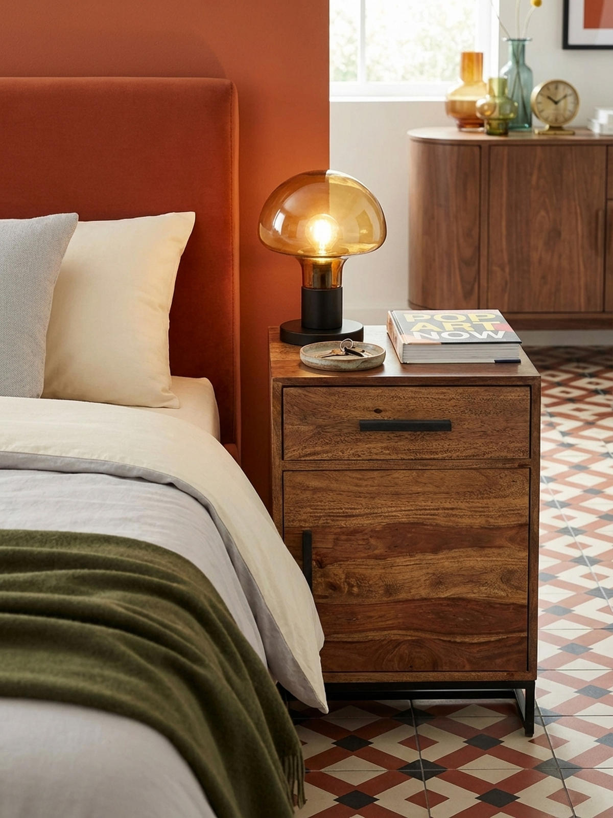 NACHTTISCH – Massivholz/Eisen, Schublade & Tür, Industrial-Stil - Schwarz/Braun, Holz/Metall (45/65/35cm) - KADIMA DESIGN