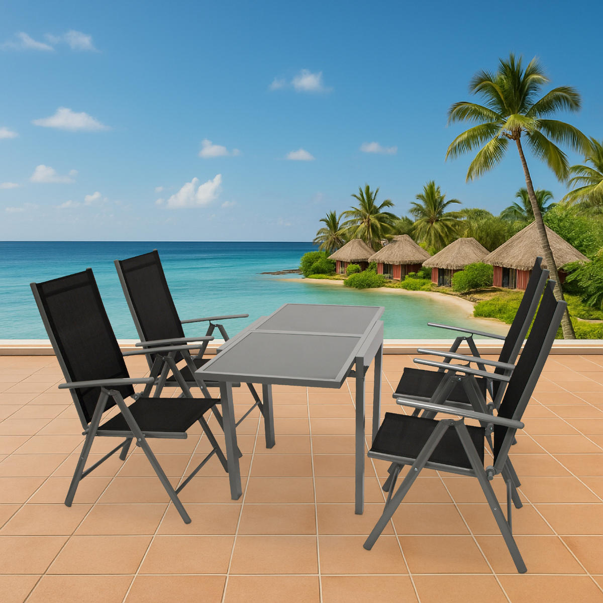 GARTEN-GARNITUR Ashford - 5-teilige Garten-Essgruppe (4x Klappsessel mit Armlehnen, 1x Auszieh-Tisch 65/130x65cm), Gestell Aluminium - Schwarz, Metall - TPFGarden