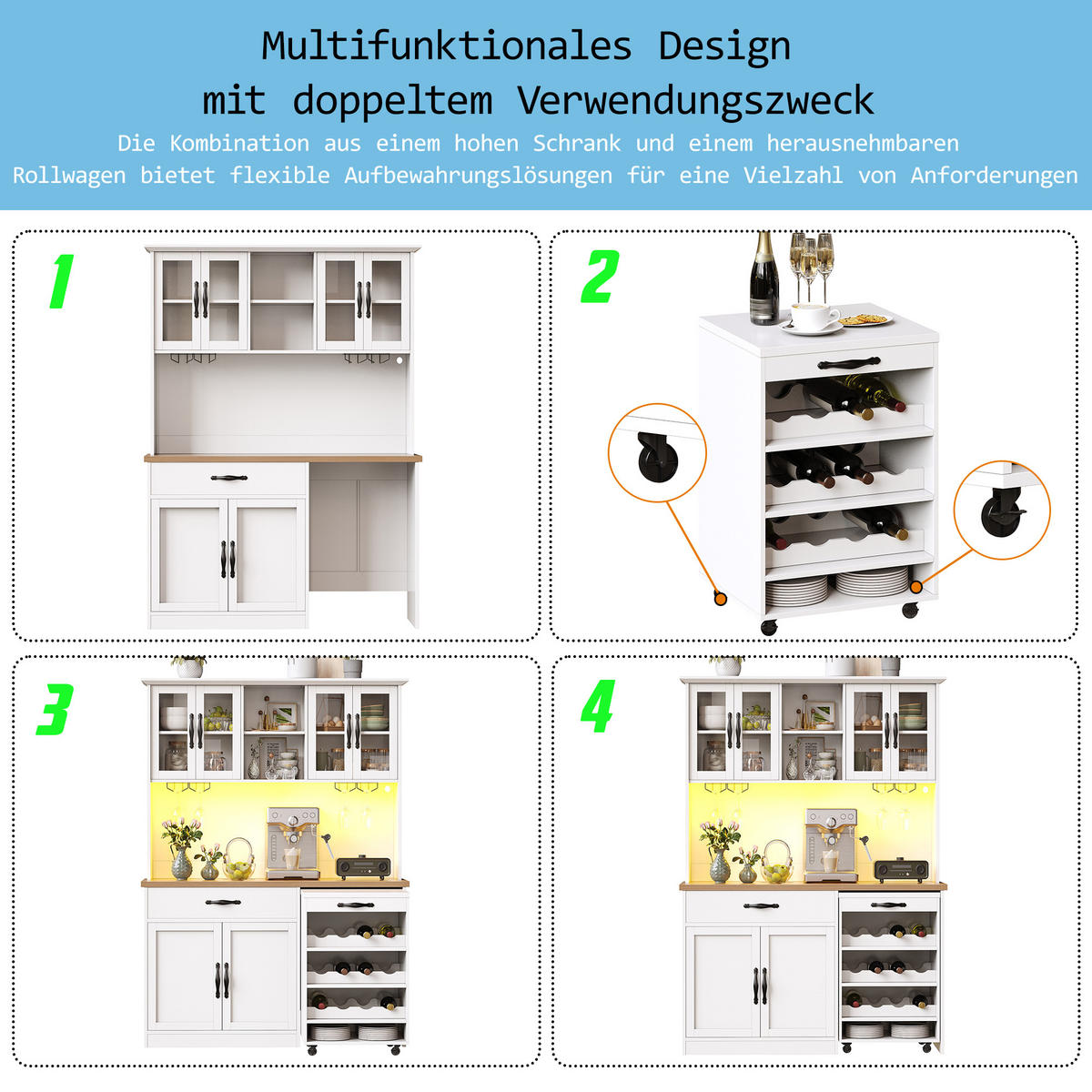BUFFETSCHRANK Rollwagen Weiß 140/38/180 cm - Weiß, Holz (140/180/38cm) - PANGIVO