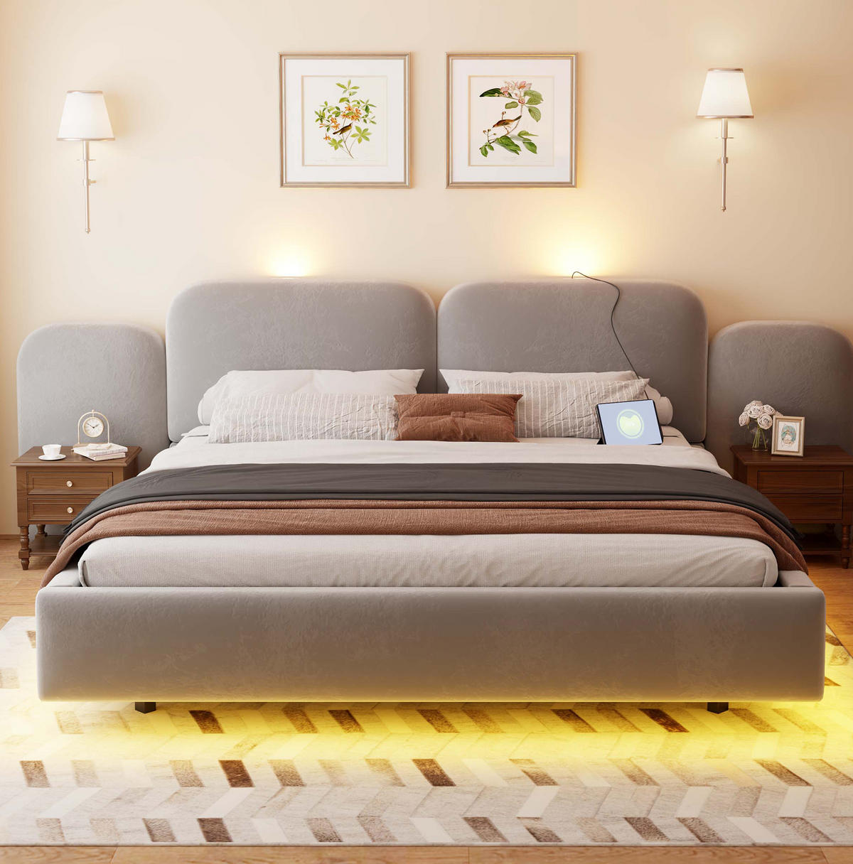 POLSTERBETT aus Samtstoff 180x200 cm Grau mit Bettkasten, RGB-LED-Beleuchtung und USB-/Typ-C-Anschlüssen - Grau, Textil (180/200cm) - Modfu