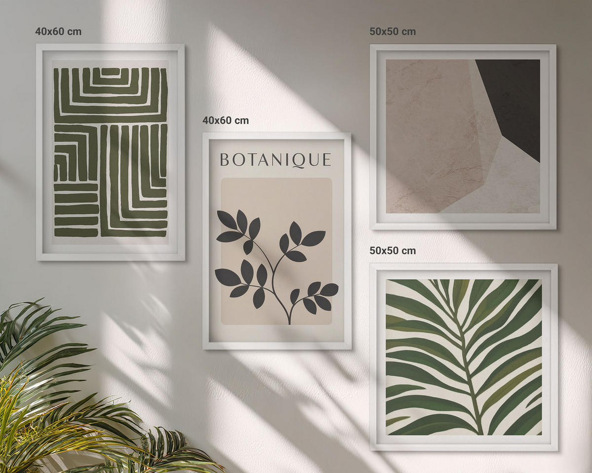 WANDBILDER 4er-Set - 50x50 cm & 40x60 cm Weißer Rahmen - Botanische Boho-Kompositionen - Weiß, Kunststoff (50/50cm) - ArtPrintCave