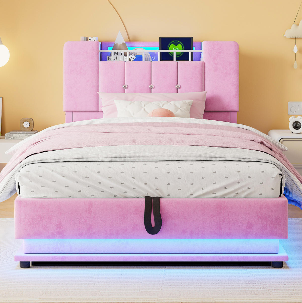 KINDERBETT mit LED, USB und Stauraum 90x200 cm Rosa - Pink, Metall (90/200cm) - Meubliv