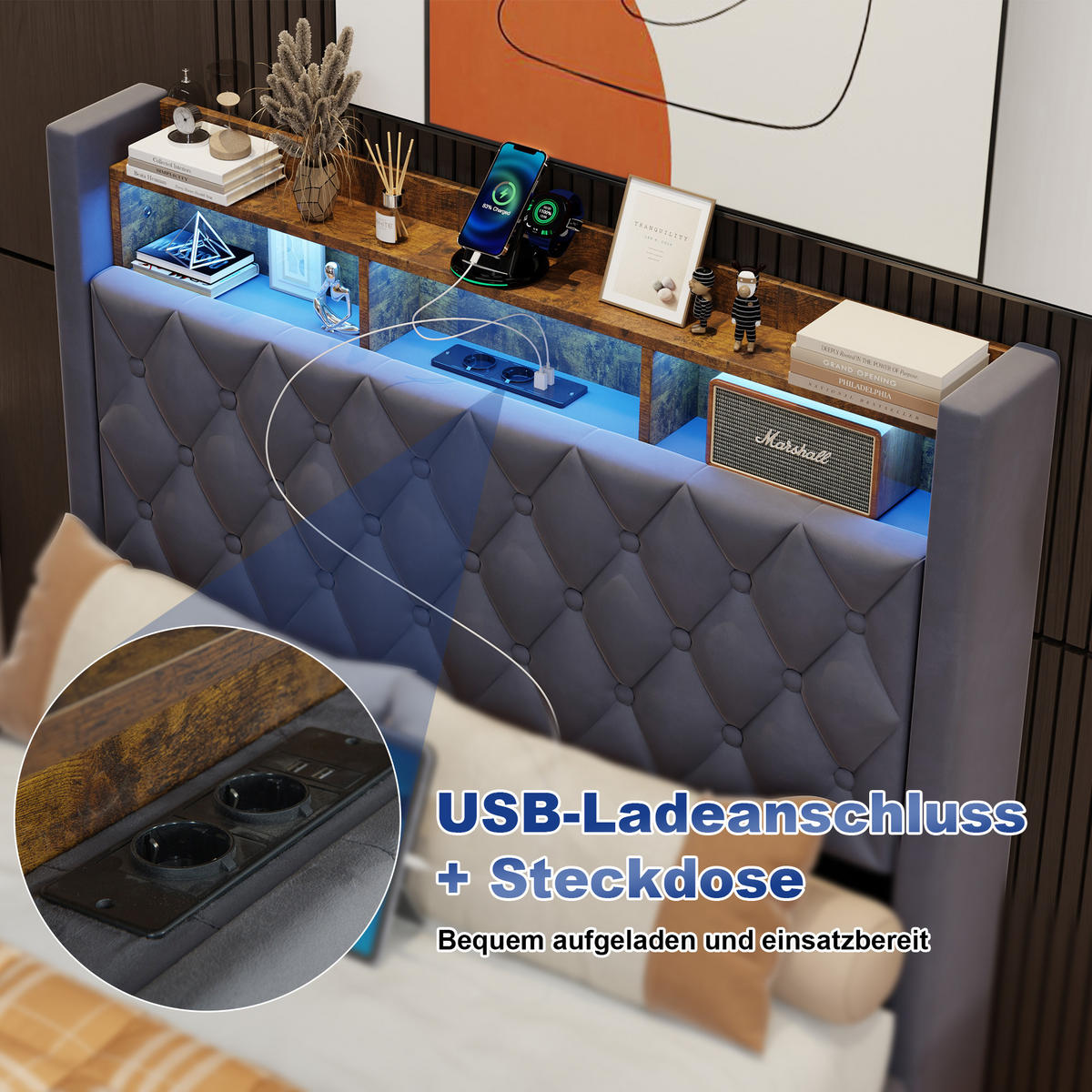POLSTERBETT 140/200 cm Grau mit LED-Lichtleiste und USB-Anschlüssen - Grau, Holzwerkstoff (140/200cm) - OKWISH