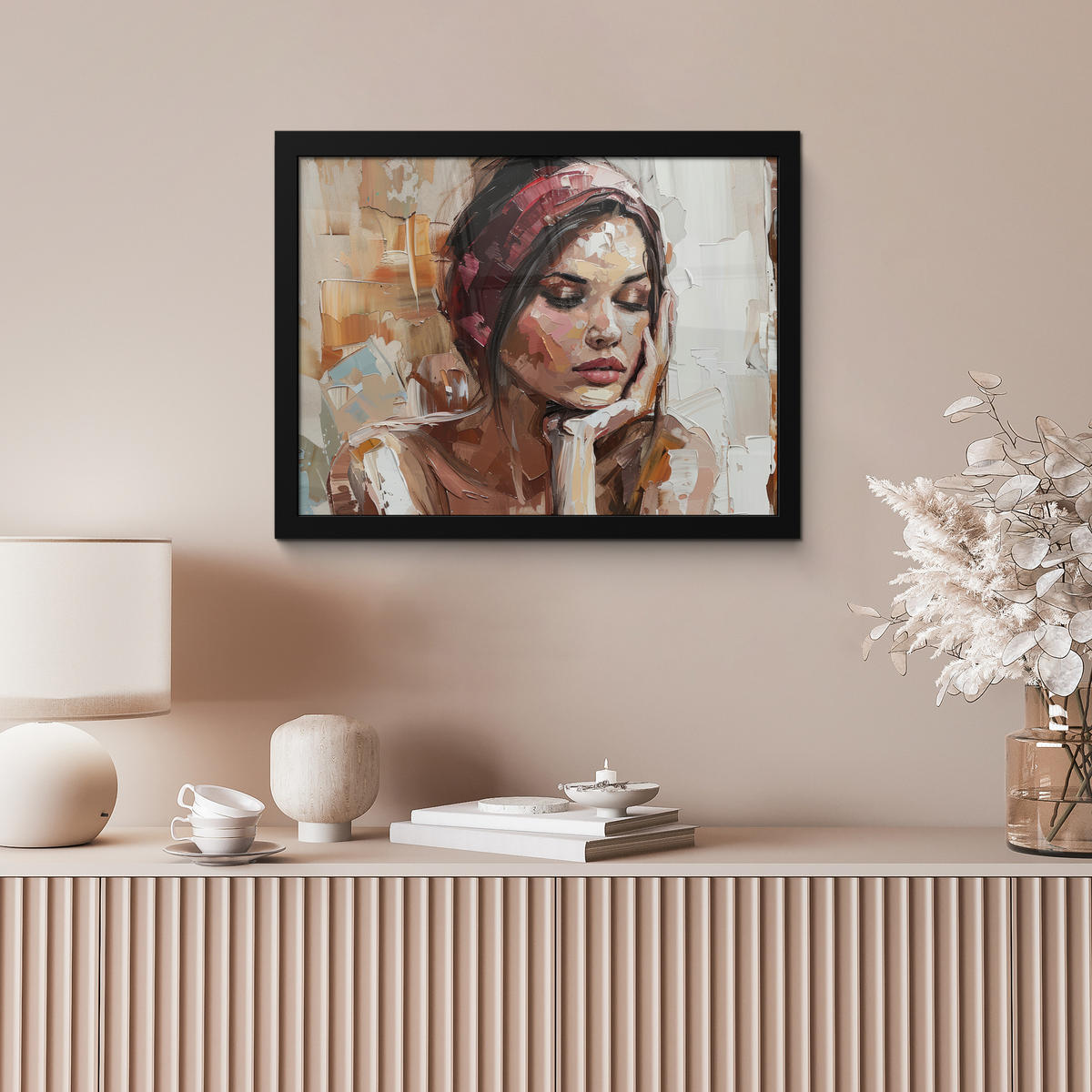 POSTER MIT RAHMEN Frau - Lackierung - Porträt - Modern 40x30 cm - Altrosa, Papier (40/30cm) - MuchoWow