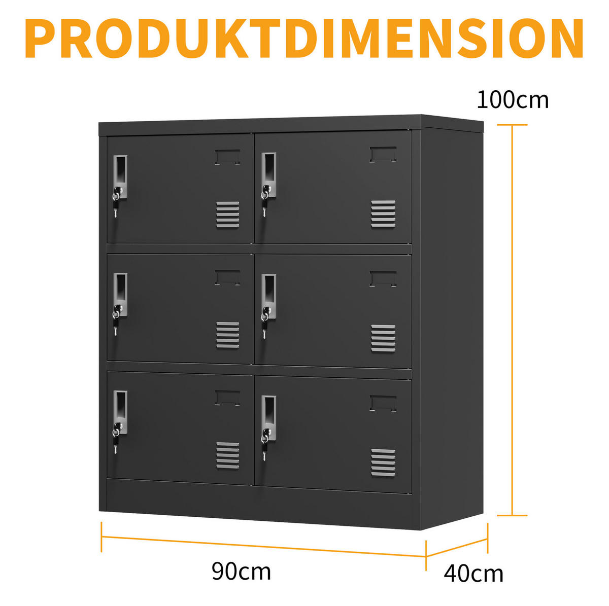 KOMMODE, 6-türiger Metallschrank mit Einzelschlössern und Kartenfächern, 90x40x100 cm, Schwarz - Schwarz, Metall (40/100/90cm) - Modfu