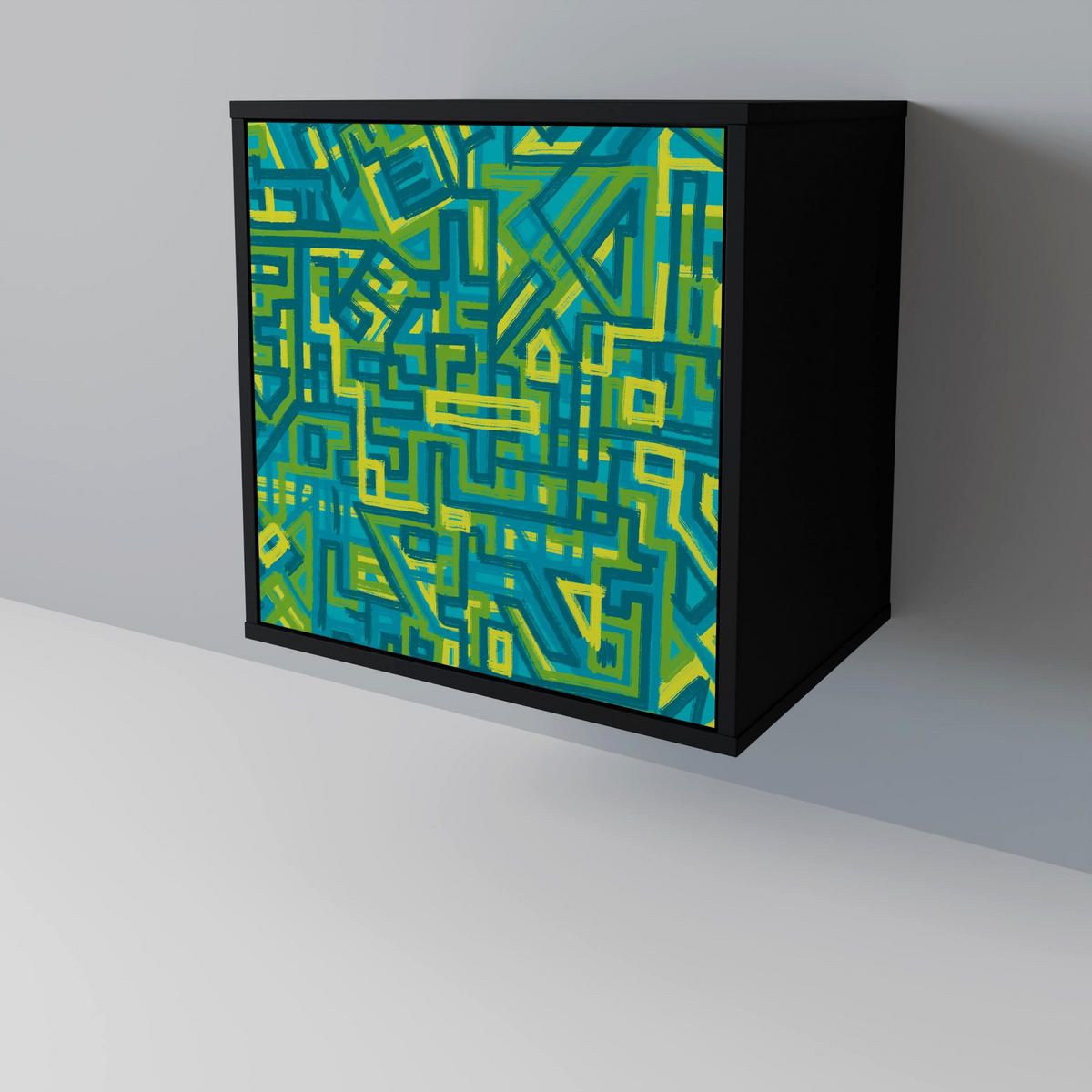 SIDEBOARD NOSTALGIC MEMORIES, Schwarz, 57,5x42x70,5 cm, Schwarze Metall-Sternfüße - Multicolor/Schwarz, Holzwerkstoff/Metall (57.5/70.5/42cm) - SpaceRebels