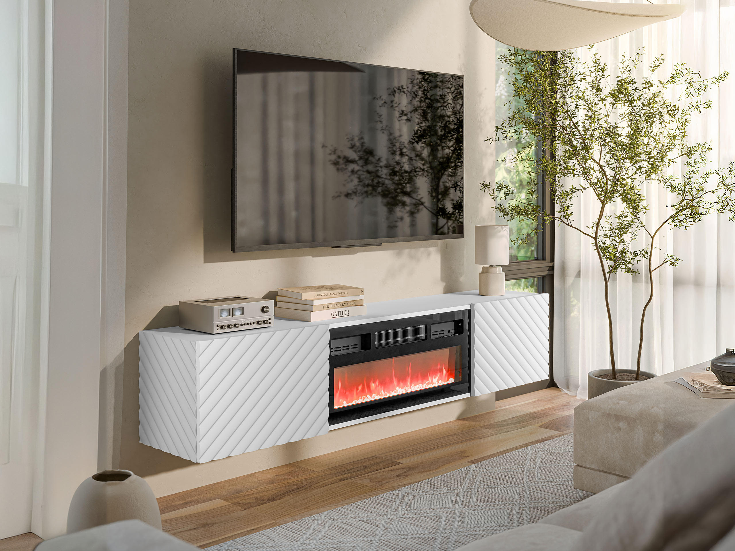 TV-LOWBOARD Lara mit Kamin - Weiß, Holzwerkstoff (183/37/35cm) - MIRJAN24