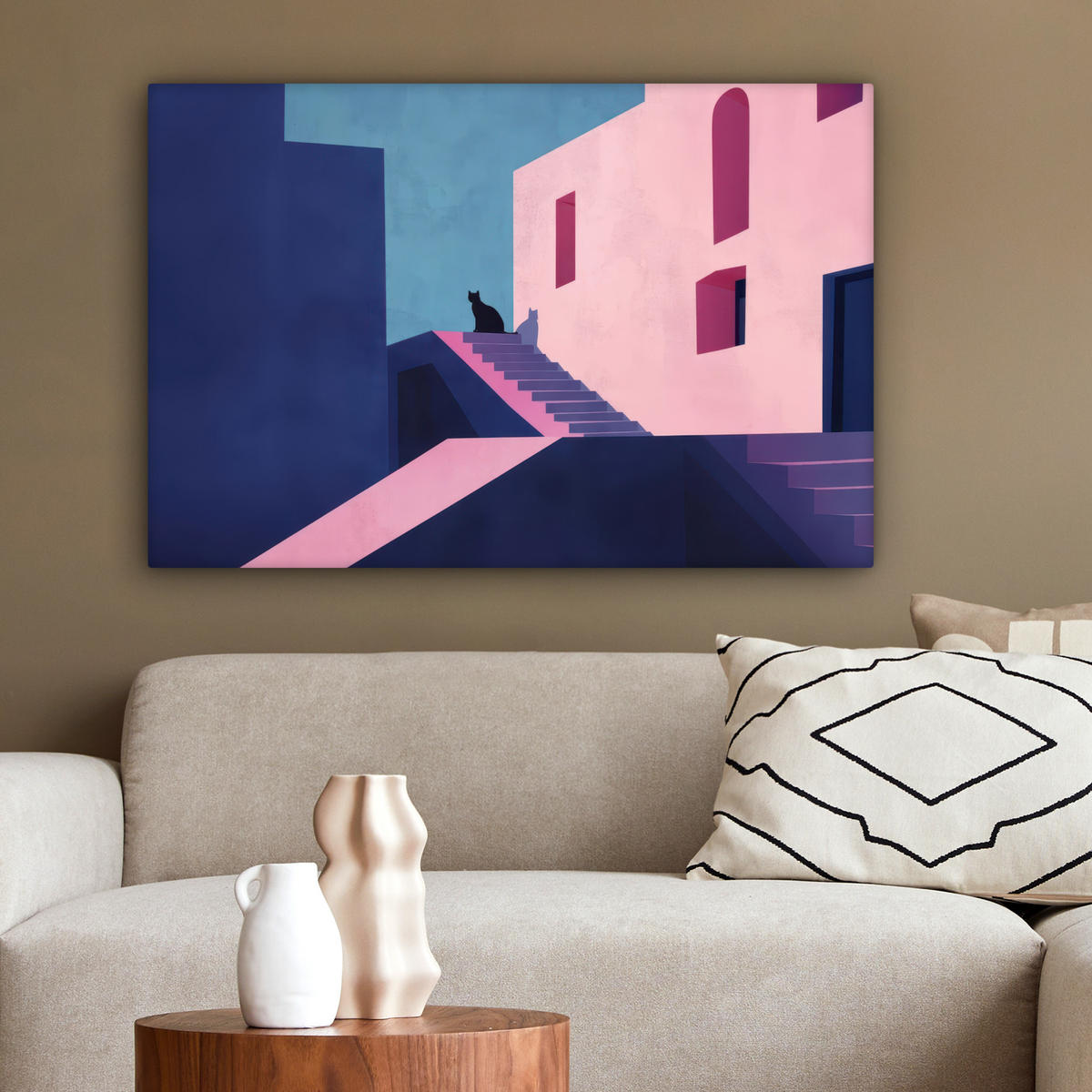 LEINWANDBILD Katze - Treppe - Gebäude - Schattenkontraste Wanddeko 90x60 cm - Dunkelblau, Textil (90/60cm) - MuchoWow