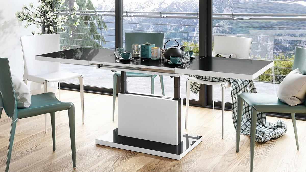 COUCHTISCH rechteckig Schwarz Hochglanz Weiß matt ausziehbar höhenverstellbar - Schwarz Hochglanz/Weiß, Holzwerkstoff (80/120/56cm) - designimpex