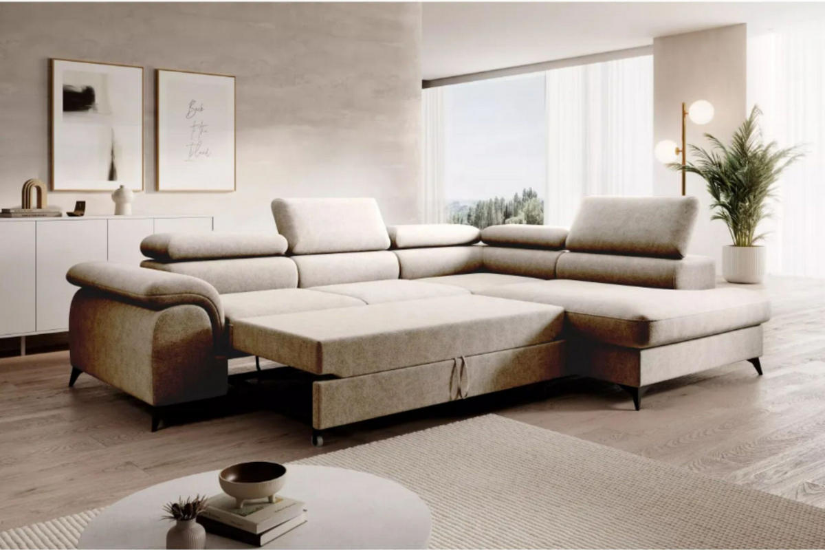 ECKSOFA PLAZA L Rechts mit Schlaffunktion 125x195 Velours Beige - Beige/Schwarz, Holz/Kunststoff (275/205cm) - Muffo