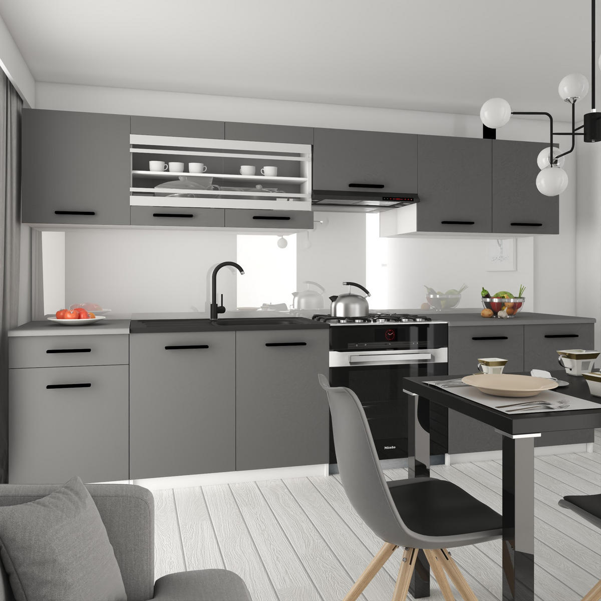 KÜCHENZEILE Italia 4 260 cm, mit Arbeitsplatten, Grau - Grau, Holz (260/143/60cm) - B BELINI GROUP