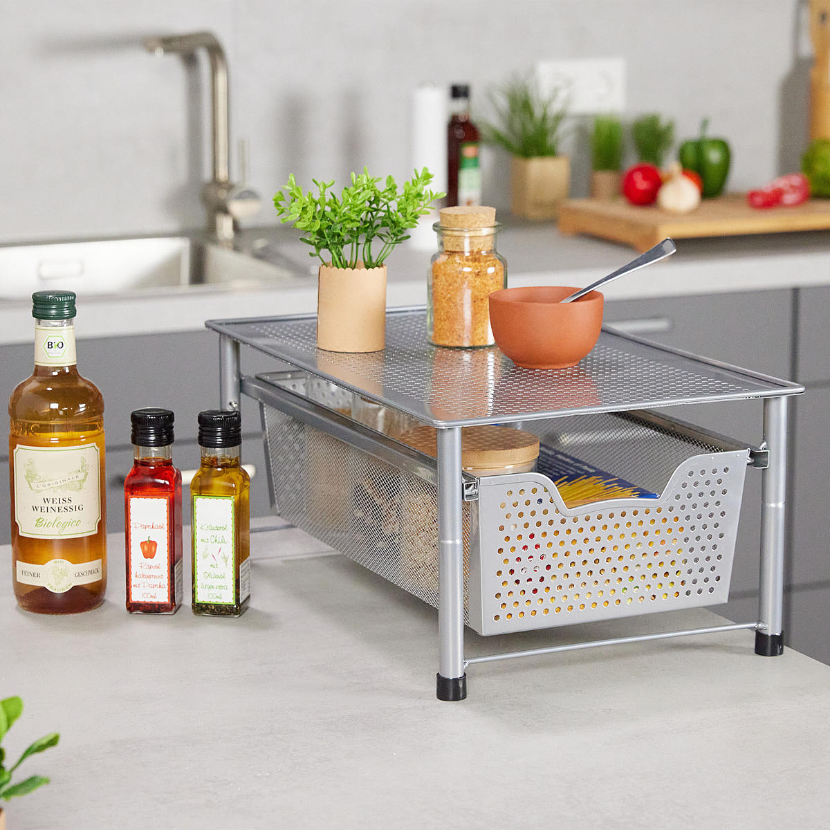 ORGANISERARE Silver stål med utdragbar korg 42,5 cm - Silverfärgad, Metall/Plast (28/19/42.5cm) - Relaxdays