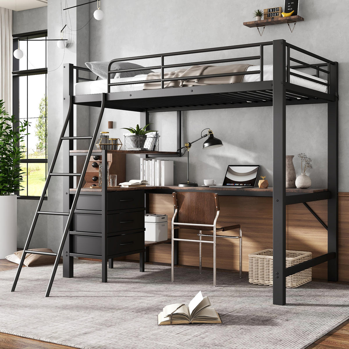 ETAGENBETT 90/200 cm in Schwarz & Dunkler Walnuss mit 3 Schubladen, Tisch und Regal - Schwarz, Holzwerkstoff/Metall (90/200cm) - CHICFURN