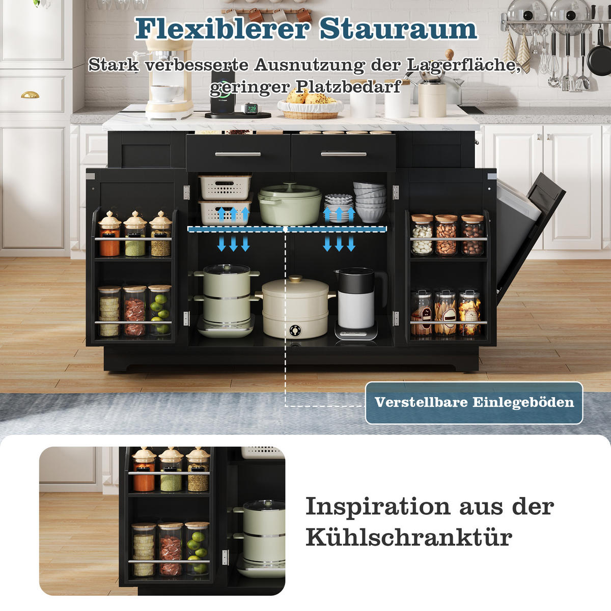 KÜCHENINSEL 138/56/92 cm Schwarz + Weiß mit 3 Schubladen, klappbare Arbeitsplatte und ausziehbarer Mülleimer - Multicolor, Holz/Holzwerkstoff (86/92/138cm) - Oxeza