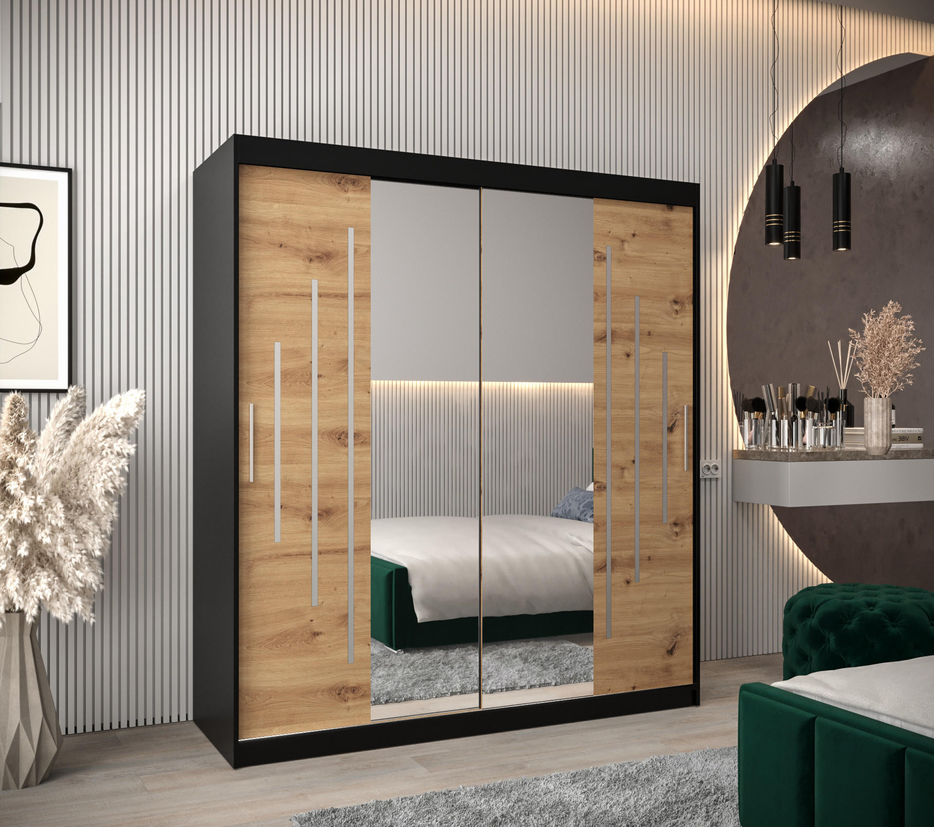 SCHWEBETÜRENSCHRANK 200/180/62 2-türig - Silberfarben/Schwarz, Holz/Kunststoff (180/200/62cm) - Abiks Möbel