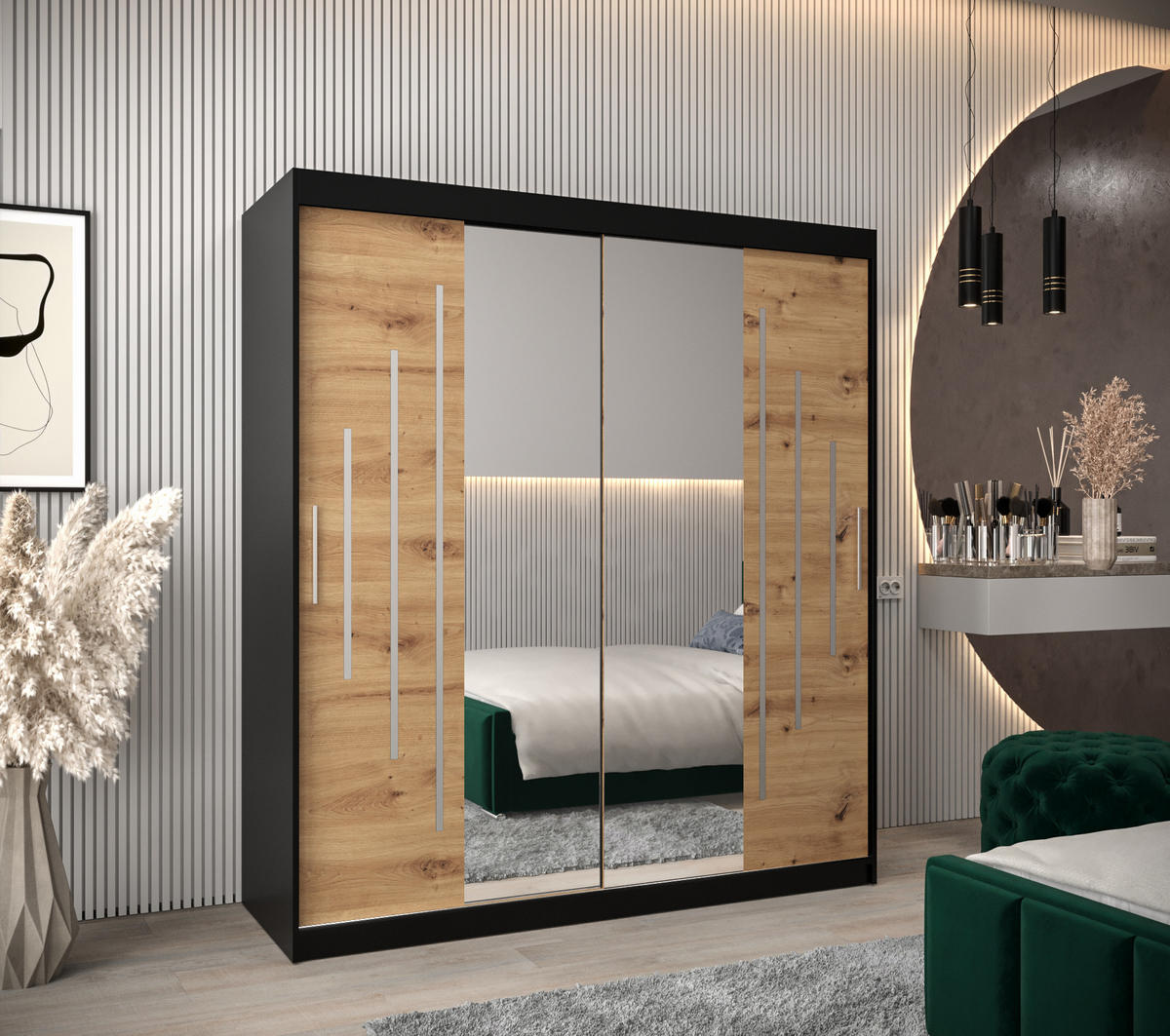 SCHWEBETÜRENSCHRANK 200/180/62 2-türig - Silberfarben/Schwarz, Holz/Kunststoff (180/200/62cm) - Abiks Möbel