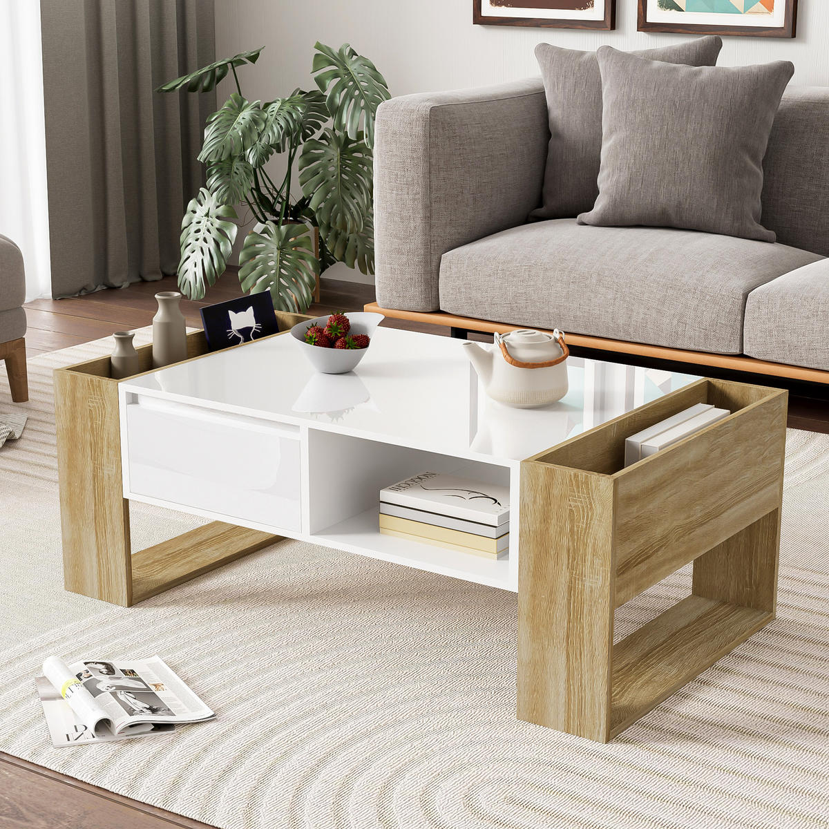 COUCHTISCH 105x60cm Hochglanz Schubladen & offene Fächer Weiß Holzoptik - Weiß, Holz (88.49/69.98/15.98cm) - FLIEKS