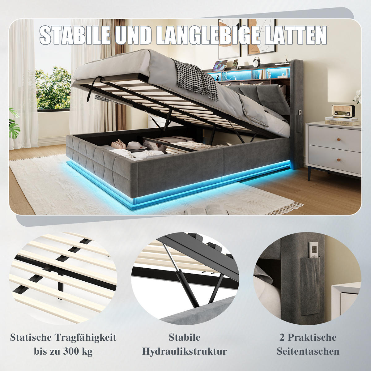 POLSTERBETT aus Velvet 160x200 cm in Dunkelgrau mit LED & USB/Type-C - Dunkelgrau, Textil (160/200cm) - Modfu