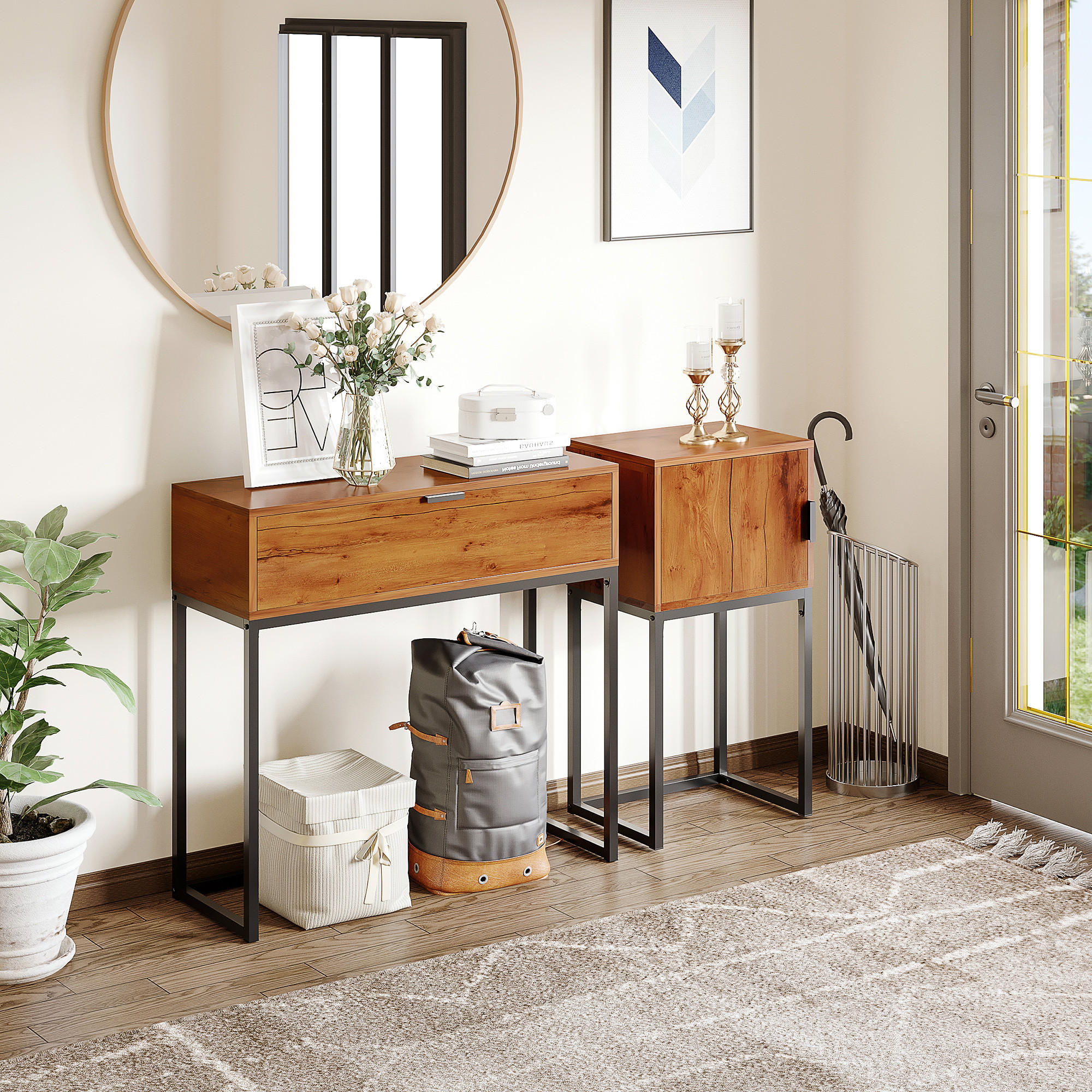 KONSOLENTISCH, Flurtisch mit Schrank, Sofatisch im Industriedesign für Eingang - Naturfarben, Kunststoff/Metall (40/30/76cm) - HOMCOM