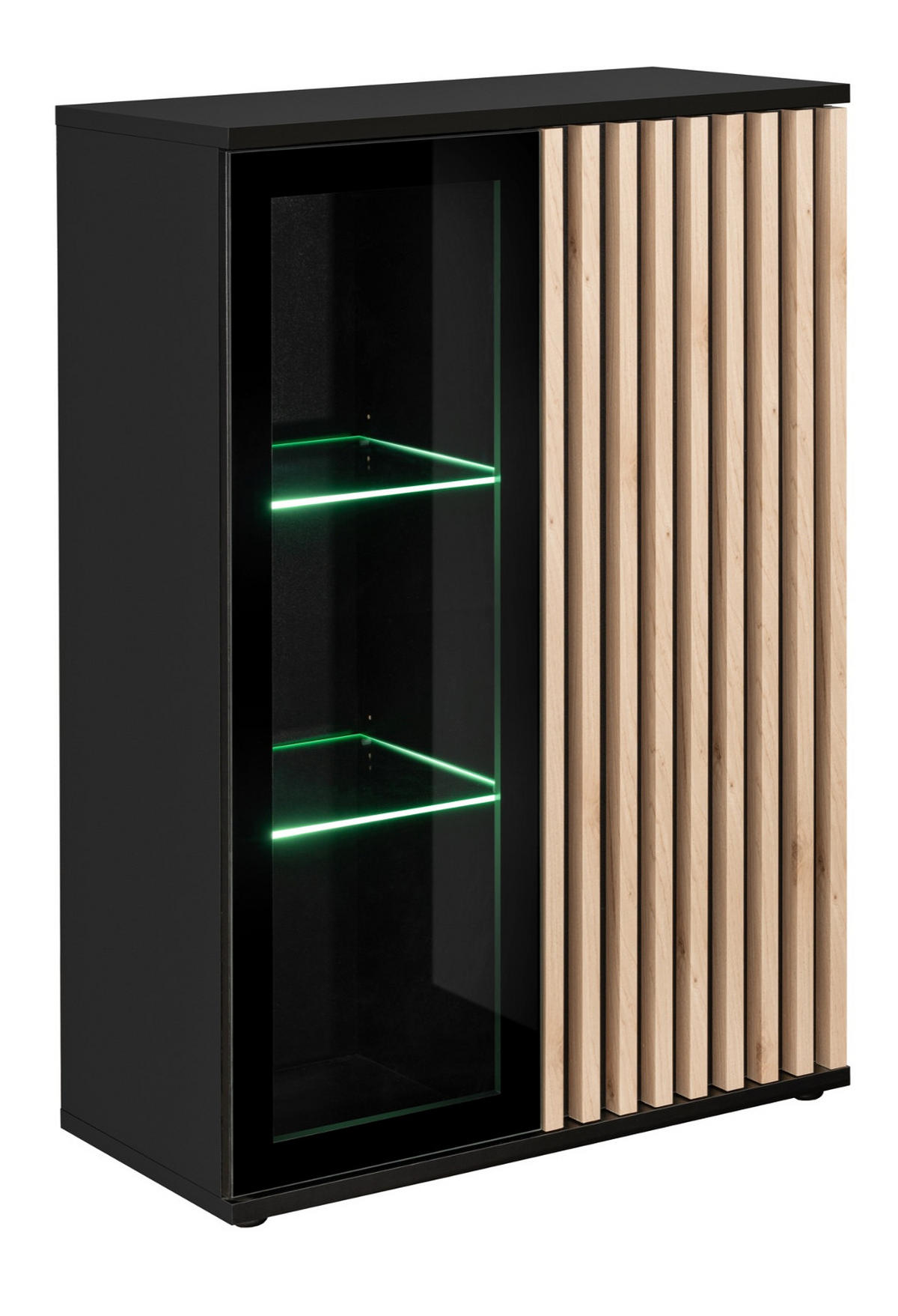 VITRINE schwarz, Eiche Jackson 80 cm, Vitrinenschrank mit 3D-Lamellen inklusive Beleuchtung - Eichefarben/Schwarz, Glas/Holzwerkstoff (80/118/40cm) - Furn.Design