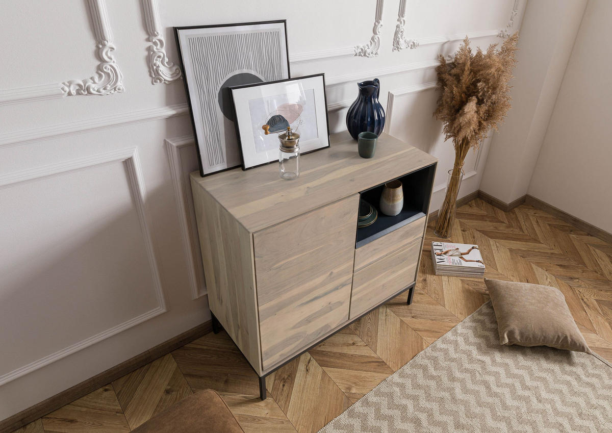 KOMMODE Akazie 90x45x85 grau-weiß geölt CHICAGO #08 - Braun, Holz (90/85/45cm) - Massivmoebel24
