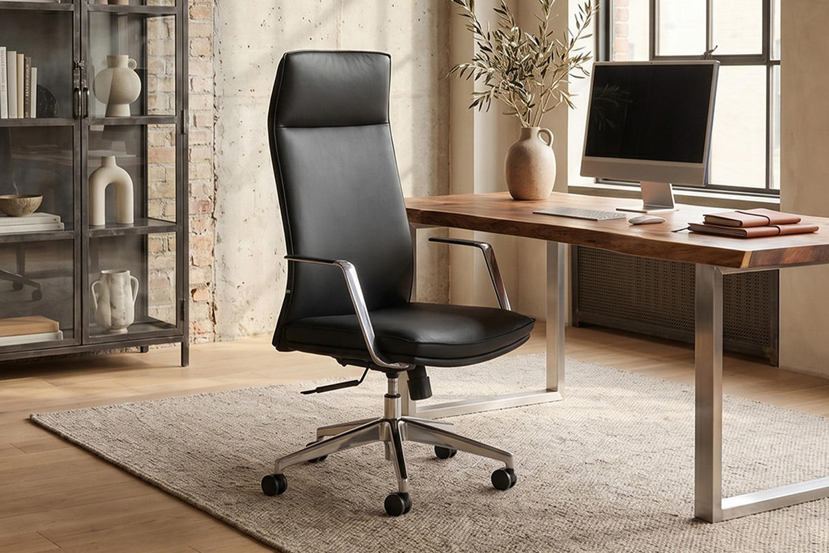 BÜROSTUHL GIO Schwarz Kunstleder Drehbar (360°) - Silberfarben/Schwarz, Textil/Metall (140/200cm) - KAWOLA