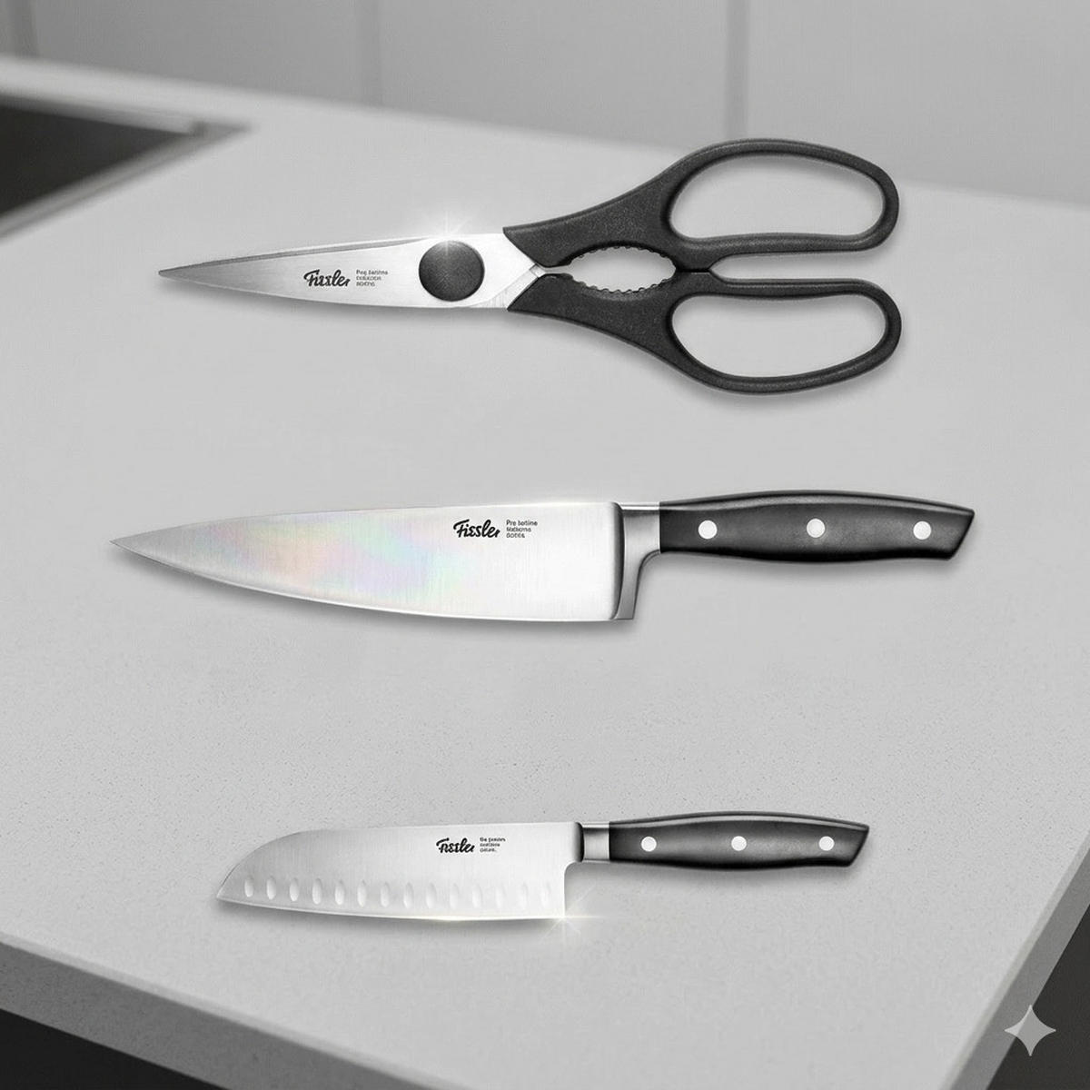 MESSERSET Profi 3-Tlg, Santokumesser 16,5 Cm, Kochmesser 19 Cm, Küchenschere 20 Cm, Edelstahl, Schwarz, Küchenmesser, Schneidset, Scharf, Robust - Silberfarben/Schwarz, Kunststoff/Metall - Fissler