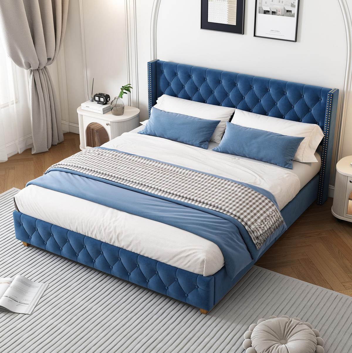 POLSTERBETT 160/200 cm Blau aus Samt mit Lattenrost - Blau, Textil (160/200cm) - OKMYHOME