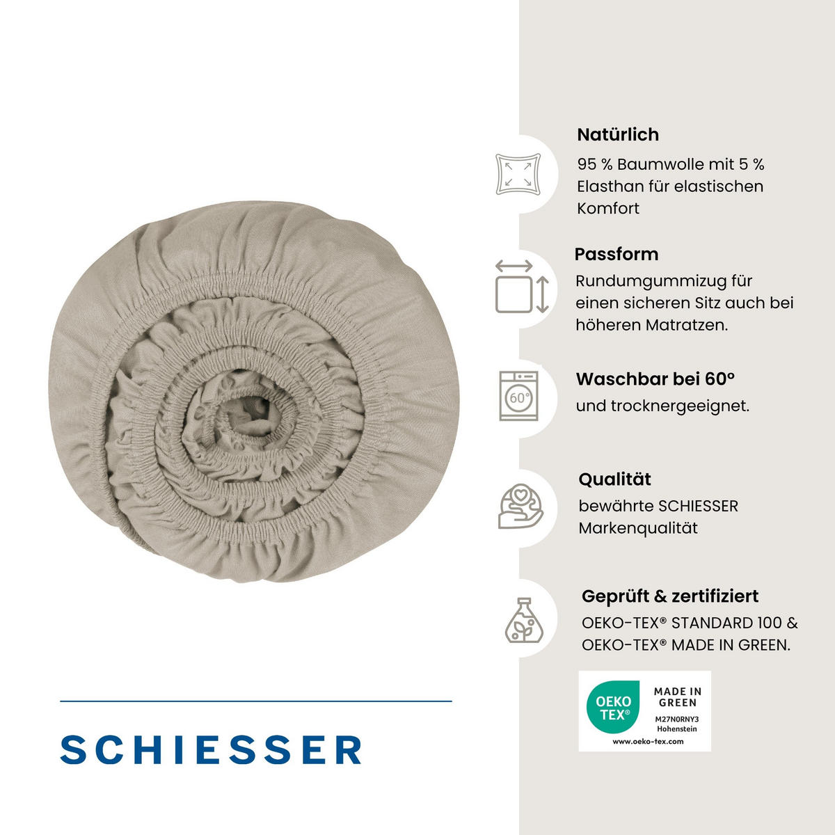 TOPPERSPANNBETTLAKEN Flexi 95 % Baumwolle, 5 % Elasthan 150x200 cm Helltaupe - Taupe, Textil (150/200cm) - SCHIESSER