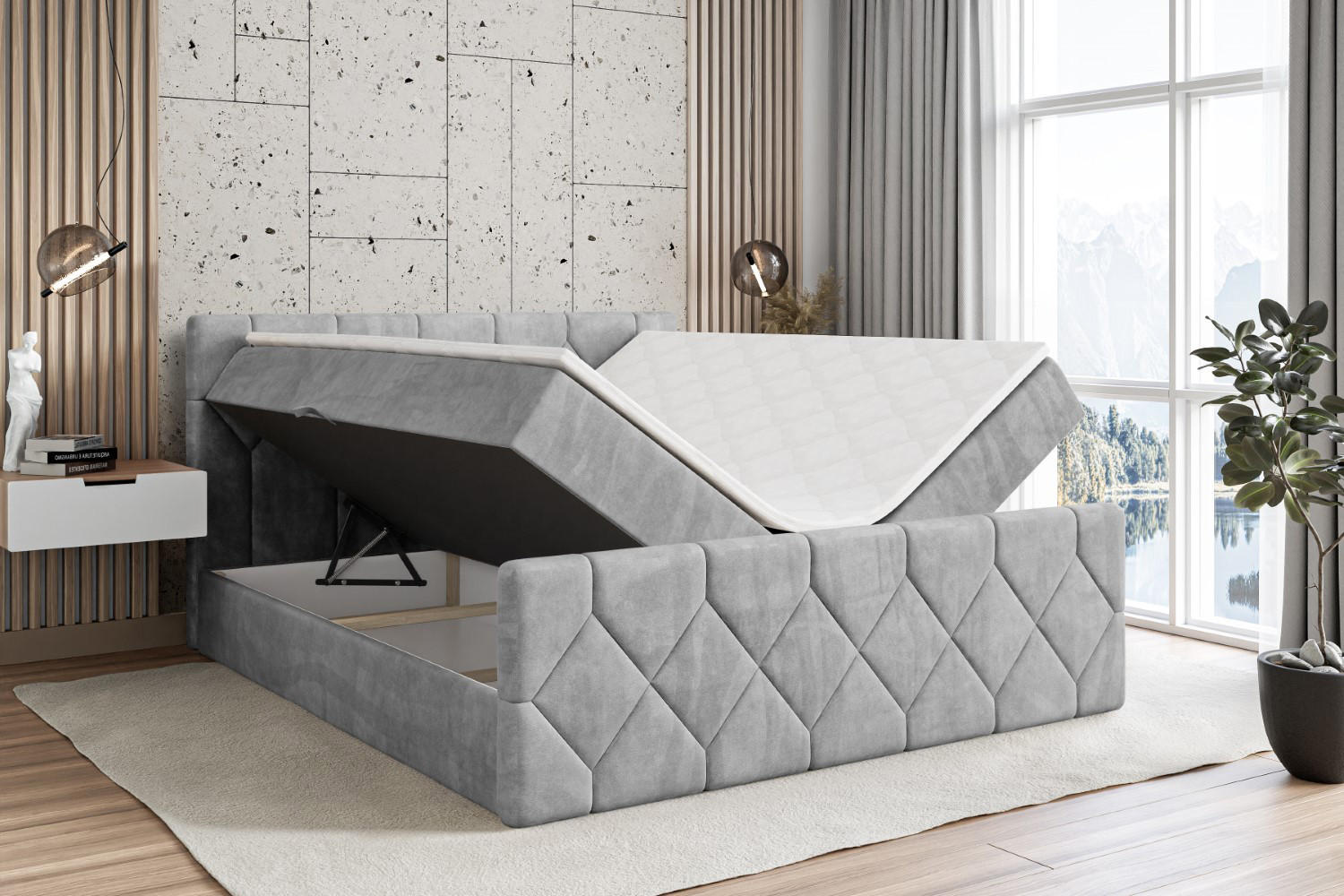 Thumbnail - Altdecor Boxbett, Hellgrau, Holzwerkstoff, Höhe ca. 20 cm, 200x200 cm, Schlafzimmer, Betten, Boxspringbetten