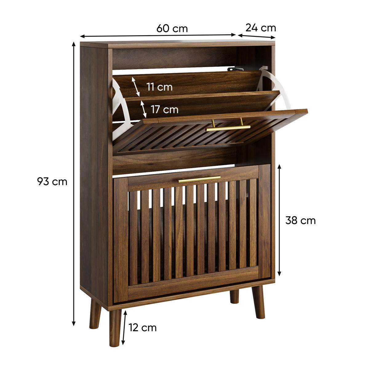 SCHUHSCHRANK 60 cm in Walnuss mit 2 Klappen und offenem Ablagefach - Walnussfarben, Holzwerkstoff (60/93/24cm) - Flora Grace