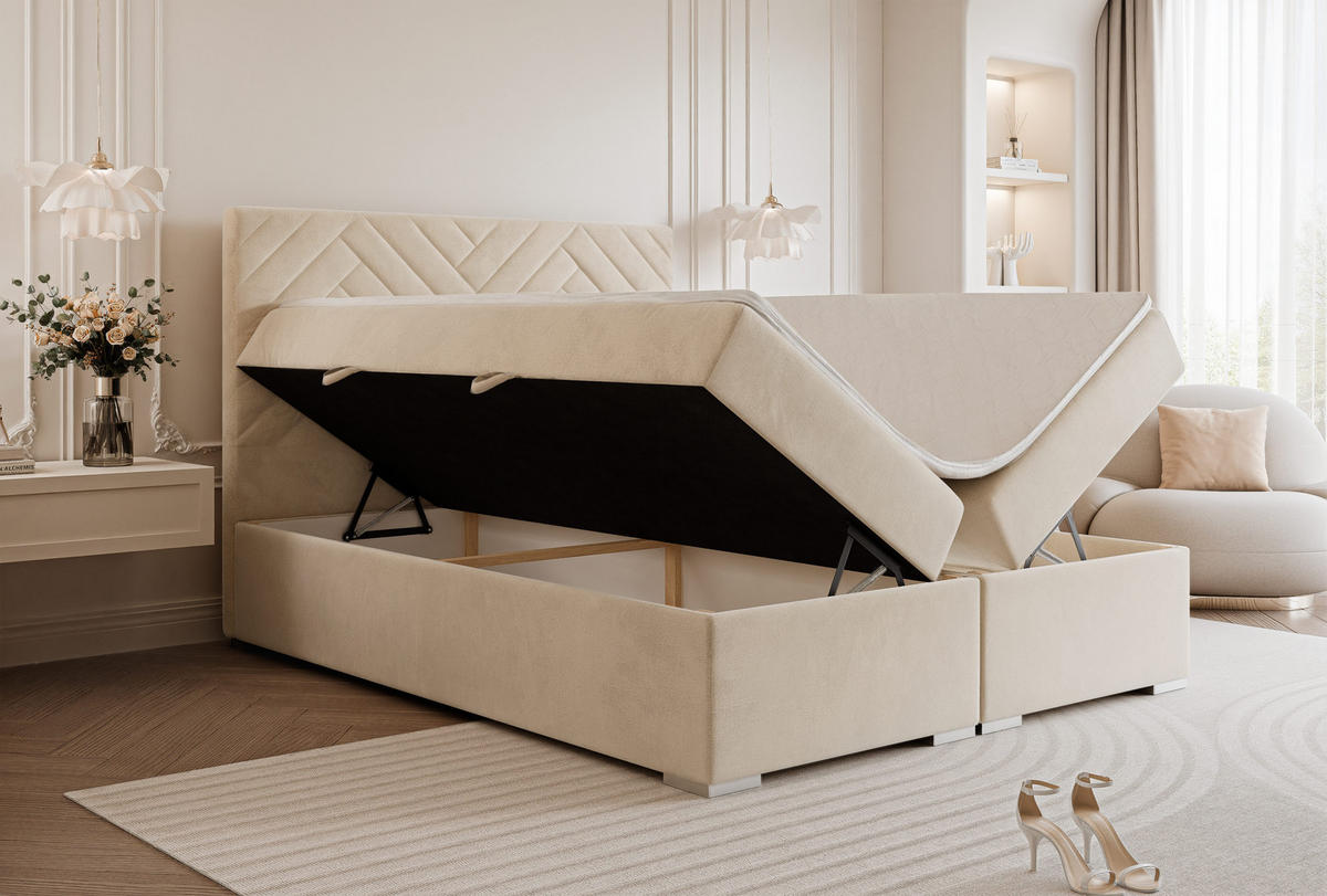 BOXBETT NEREA 160/200 cm mit Matratze und Topper, Creme - Creme, Textil (160/200cm) - Idohome