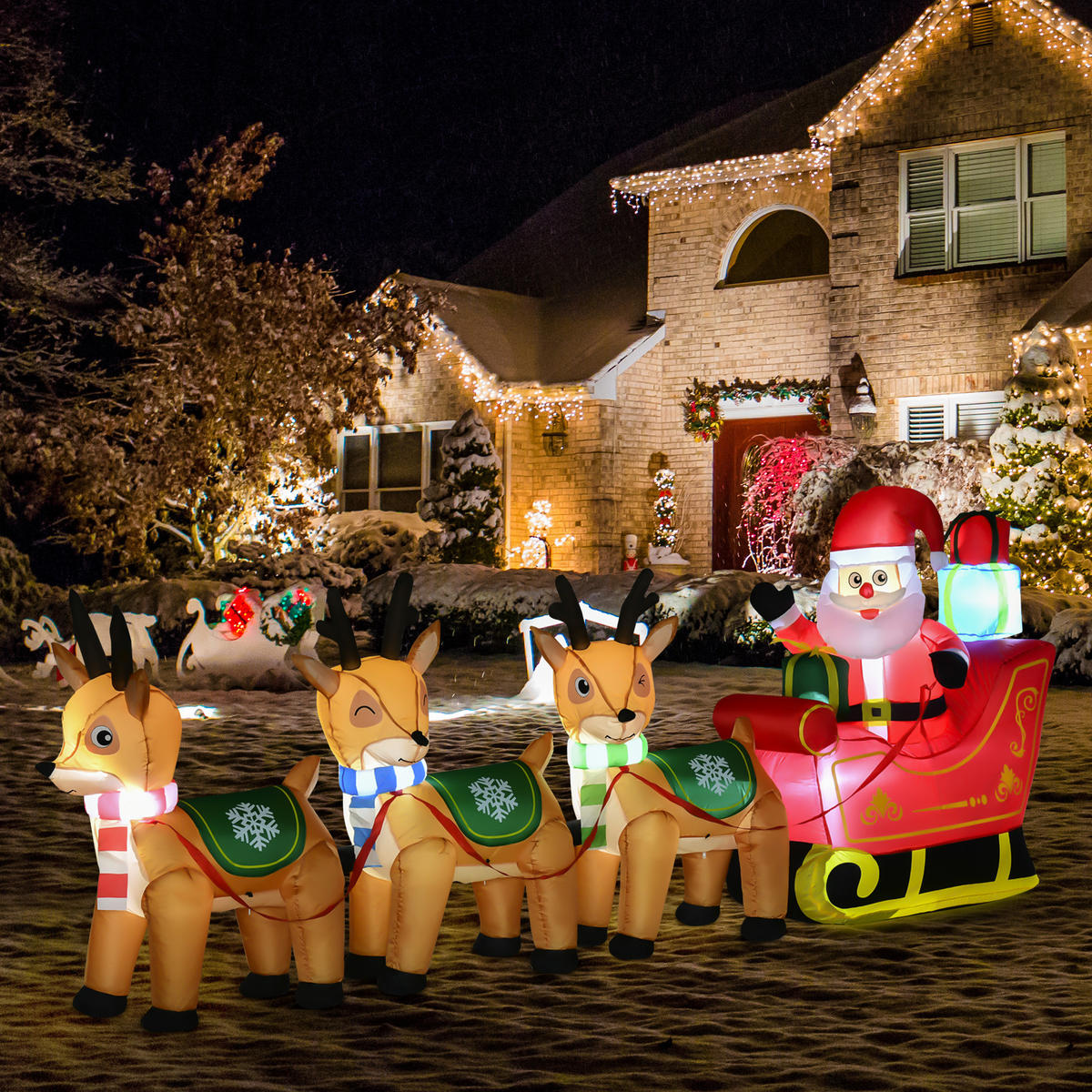 AUFBLASBARER Weihnachtsmann auf Schlitten Dekoration 1,3 m mit Lichtern - Multicolor, Kunststoff (59/132/319cm) - HOMCOM