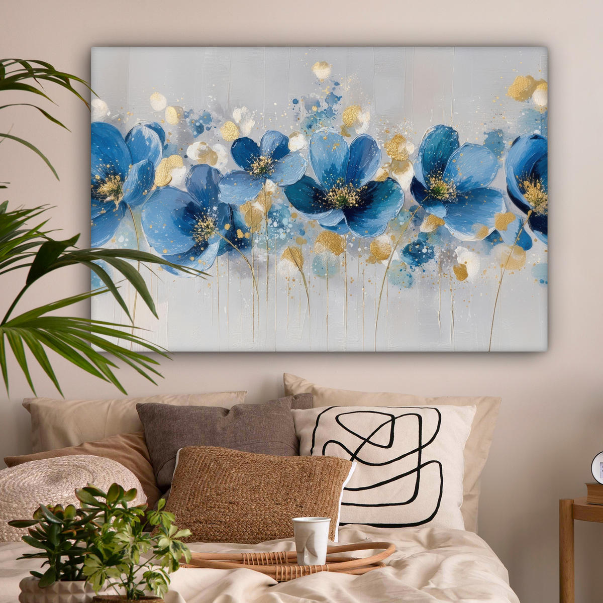 LEINWANDBILD Blumen - Blau - Abstrakt Groß 140x90 cm - Hellgrau, Textil (140/90cm) - MuchoWow