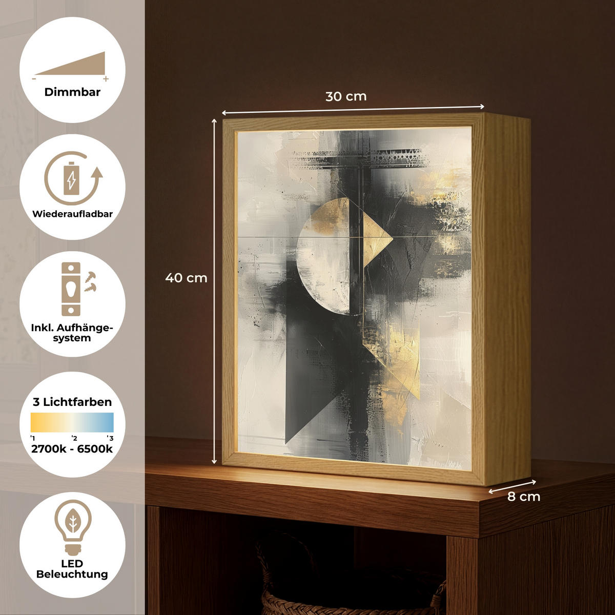 WANDLEUCHTE MIT AKKU Abstrakt - Schwarz - Farbe - Modern 30x40 cm - Grau, Holzwerkstoff (30/40/8cm) - OnlyWow