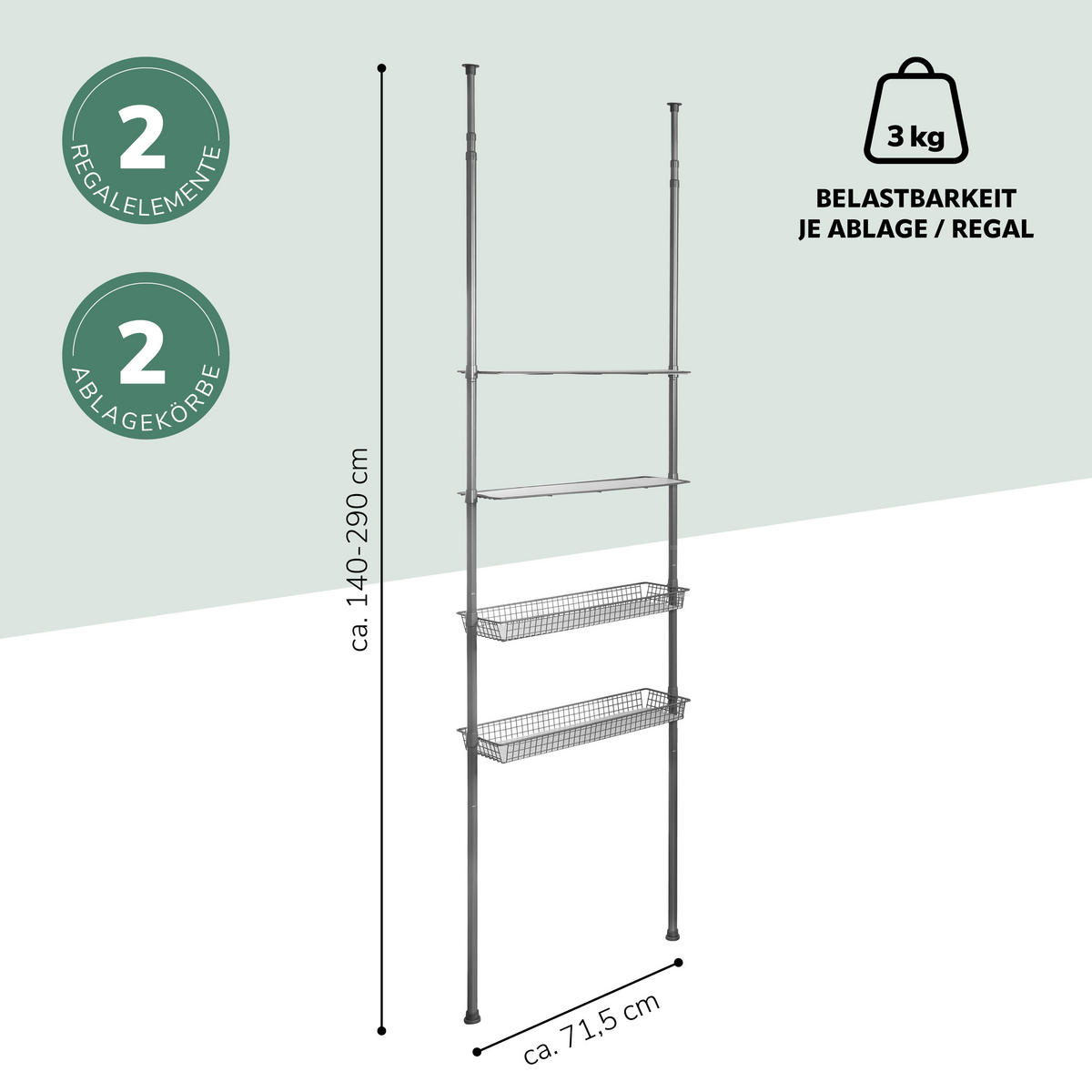 TELESKOP-REGAL, grau - Grau, Metall (71.5/290/20cm) - bremermann
