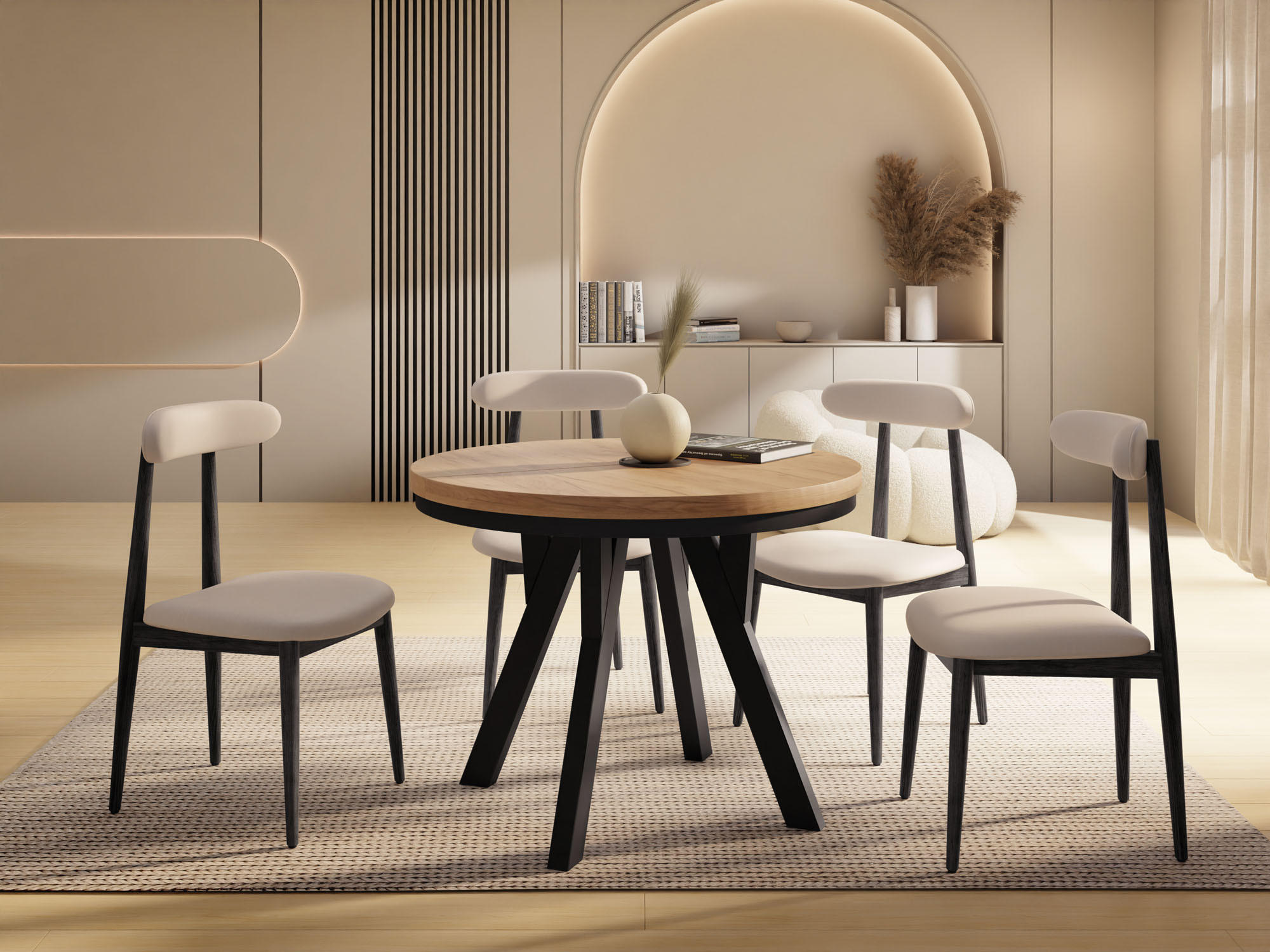 ESSTISCH Strato Black runder ausziehbarer, Eiche Craft braun 100-140/100/77 cm - Eiche Wotan/Schwarz, Holz/Holzwerkstoff (100/100/77cm) - WFL GROUP