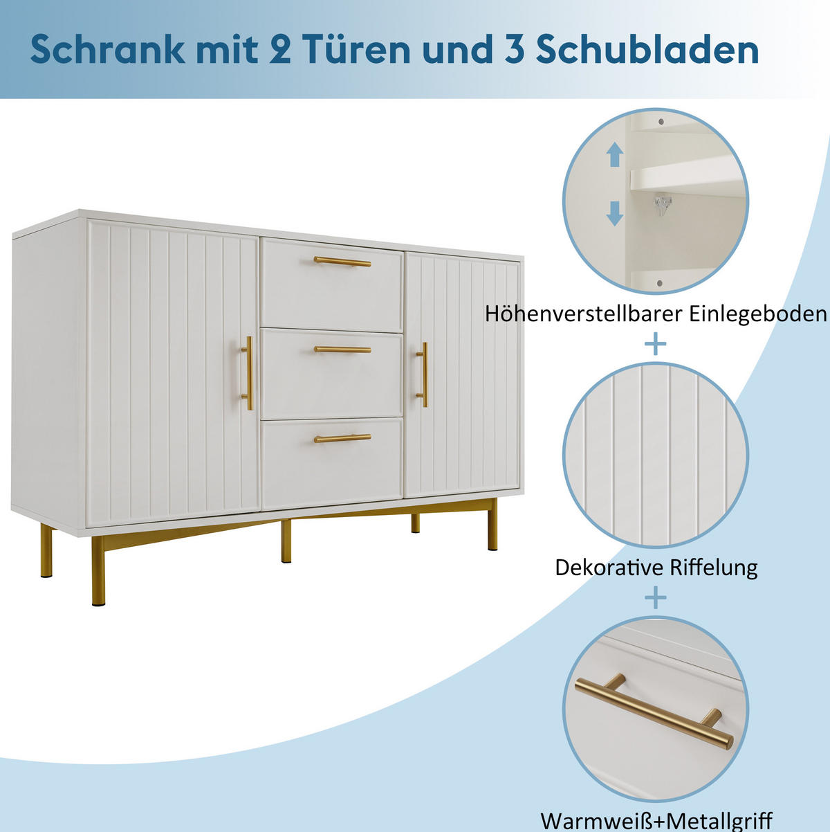 KOMMODE 120/40/75 cm mit 2 Türen, 3 Schubladen, verstellbaren Einlegeböden und Metallfuß, Weiß - Weiß, Holzwerkstoff (120/40/75cm) - Redom