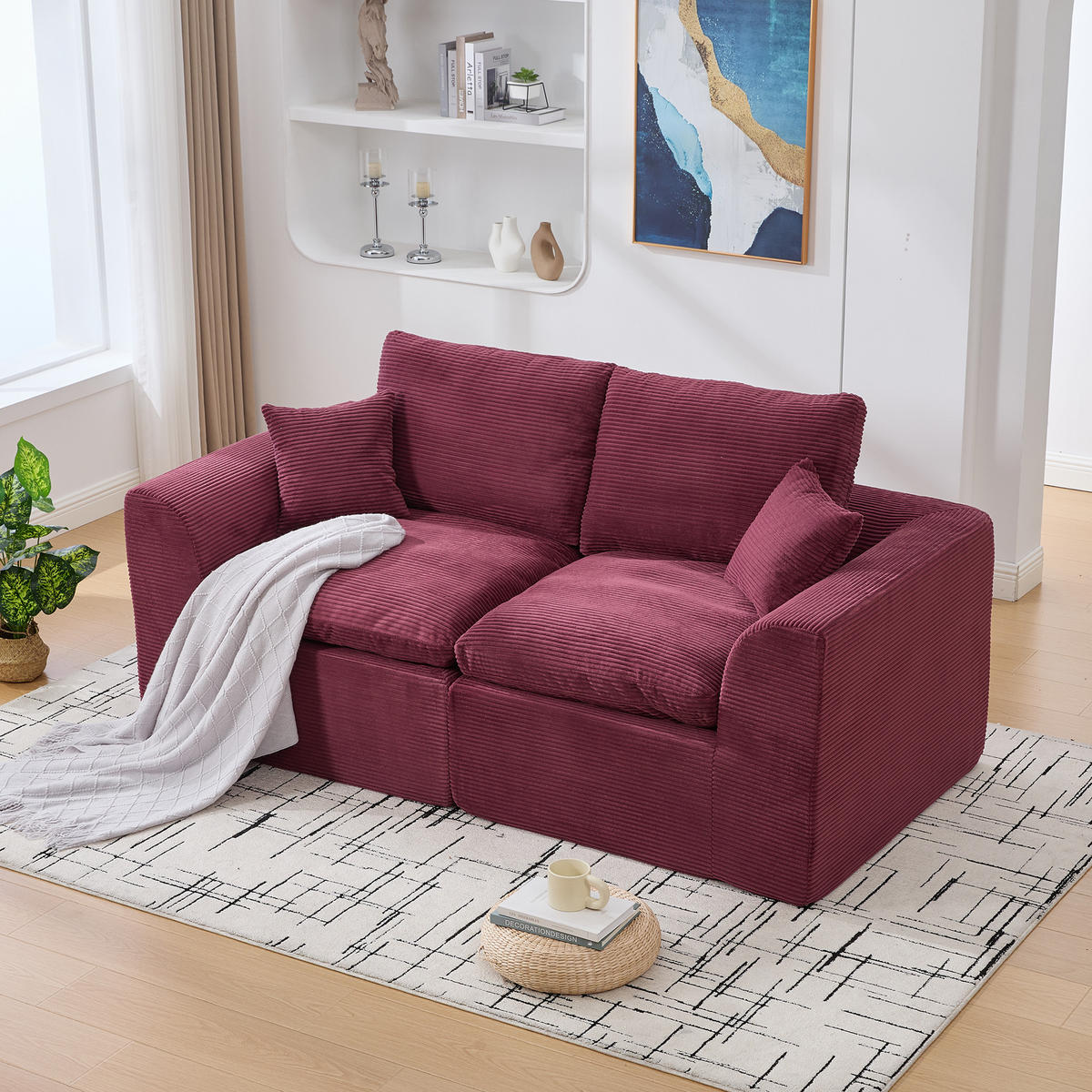 2-SITZER SOFA Cord Weinrot mit Kissen - Weinrot, Textil (204/84/102.5cm) - WISHDOR