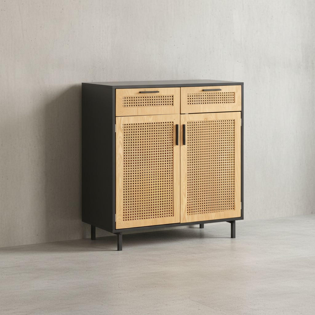 SIDEBOARD – Schwarz, 80x86,5x40 cm, mit Wiener Geflecht, 2 Türen, Schubladen, hoch - Schwarz, Holzwerkstoff/Metall (80/87/40cm) - KADIMA DESIGN