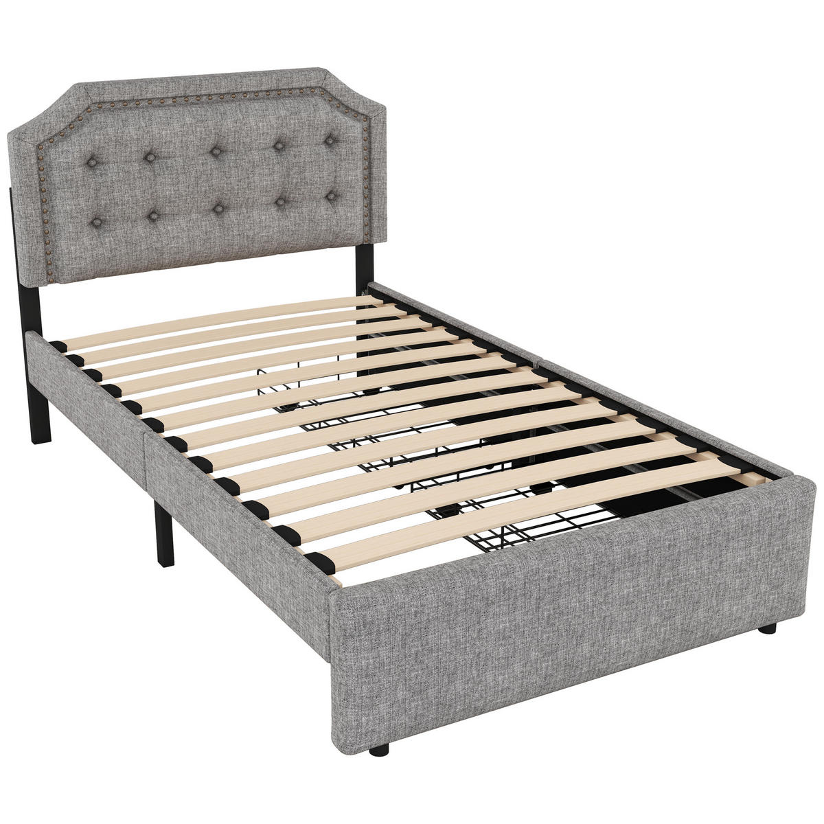 POLSTERBETT 90/200 cm grau mit Aufbewahrung und verstellbarem Nachttisch - Grau, Textil (90/200cm) - OKWISH