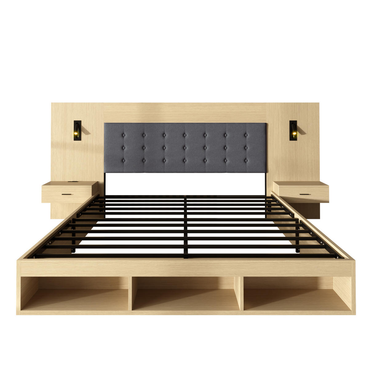 DOPPELBETT 180x200cm mit 2 Nachttische, Heller Eichenfarbe - Eichefarben, Holz (180/200cm) - KOMHTOM