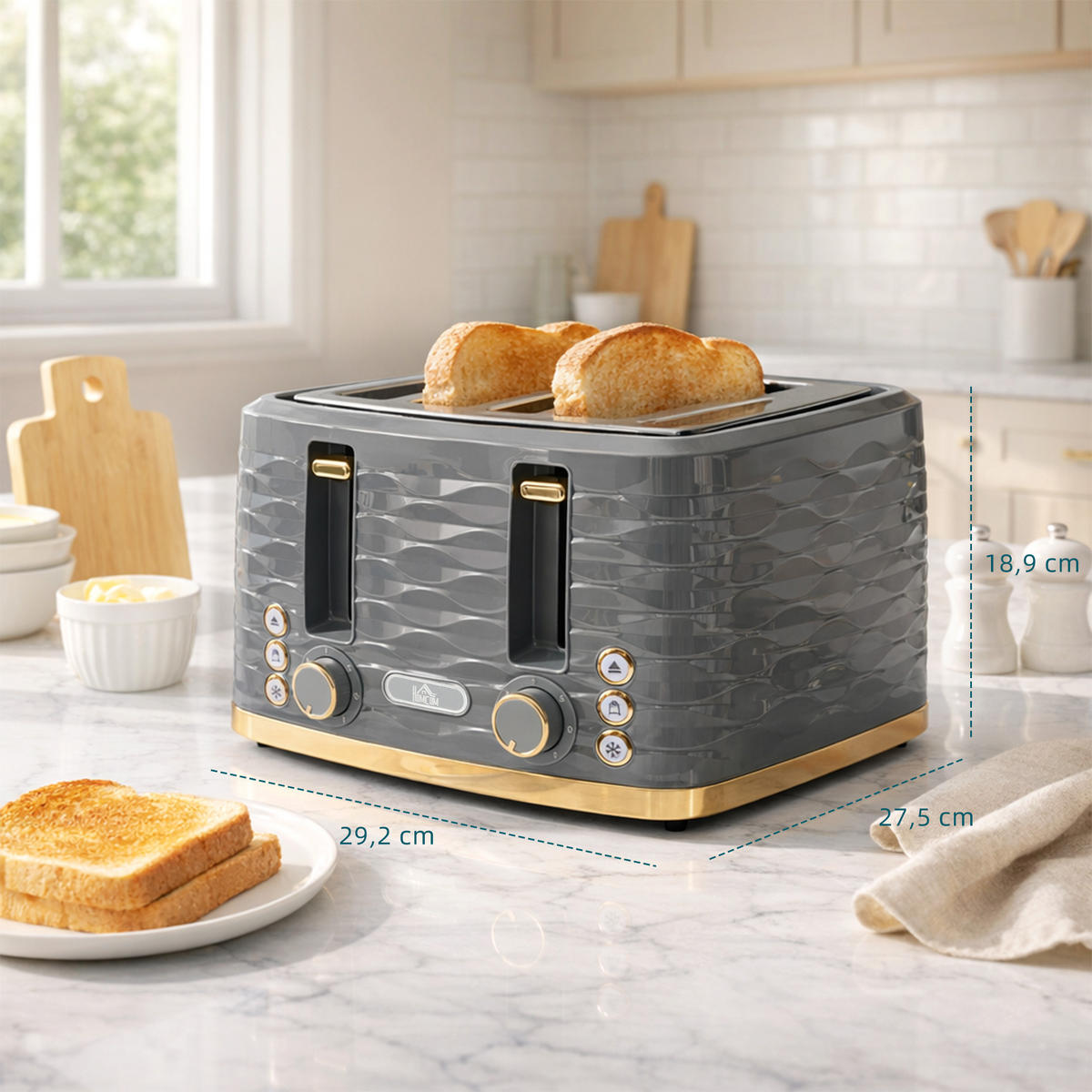 TOASTER DE-07955 4 Scheiben, 7 Bräunungsstufen, Wellenoptik Grau - Grau, Kunststoff (27.5/18.9/29.2cm) - ComfortXL