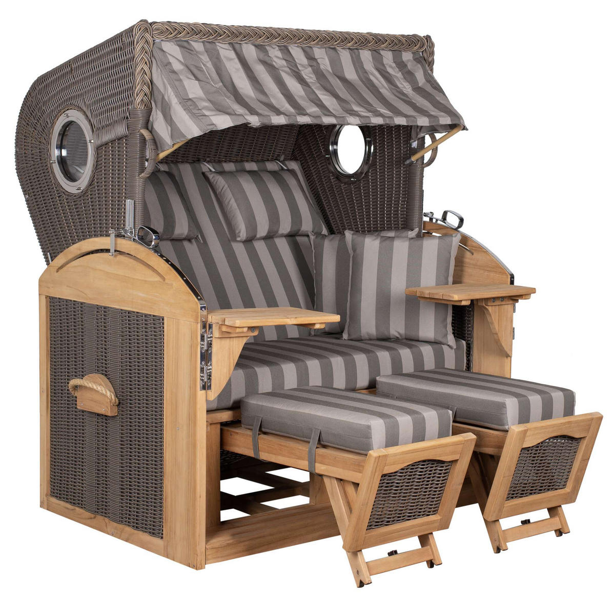 STRANDKORB Komplettset Schillig XL Teak Bullauge PE Grey Dessin 537 - Braun/Grau, Naturmaterialien/Metall (142/170/95cm) - Mr. Deko